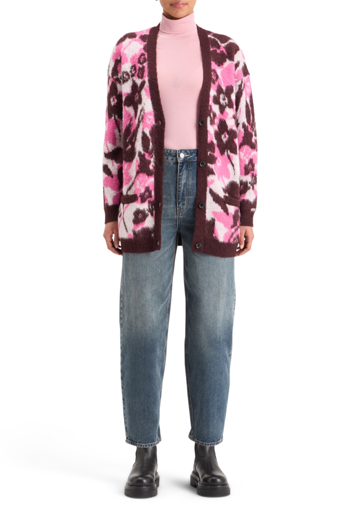 FUZZY JACQUARD MID LENGTH CARDIGAN WINTER FLORAL 3