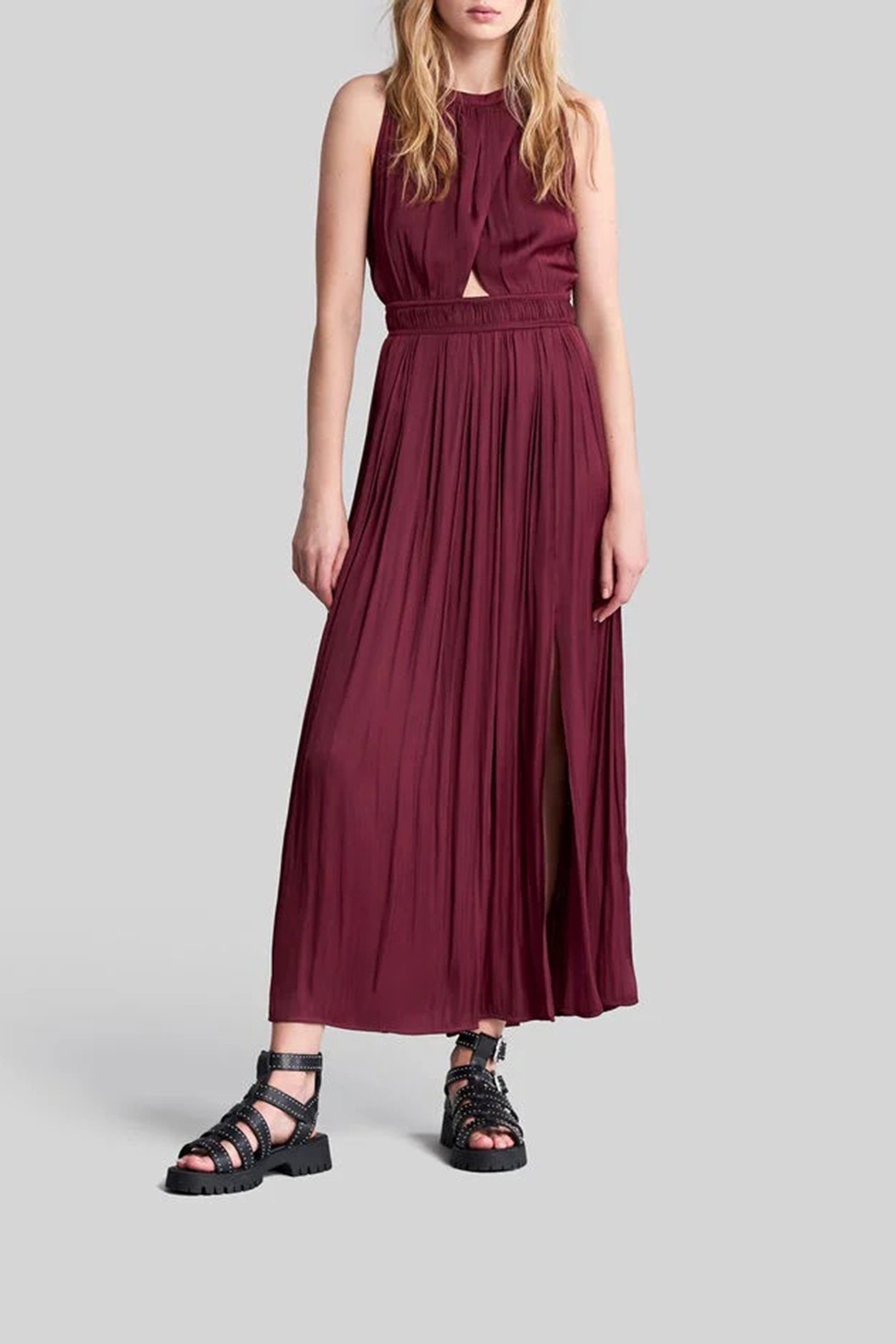 BURGUNDY RECYCLED LONG DRESS WITH ASYMMETRIC TOP 1