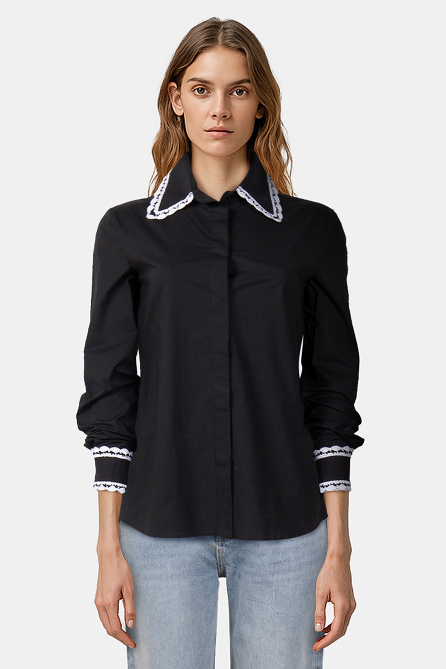 STRETCH POPLIN SHIRT CROCHET DETAILS BLACK 1