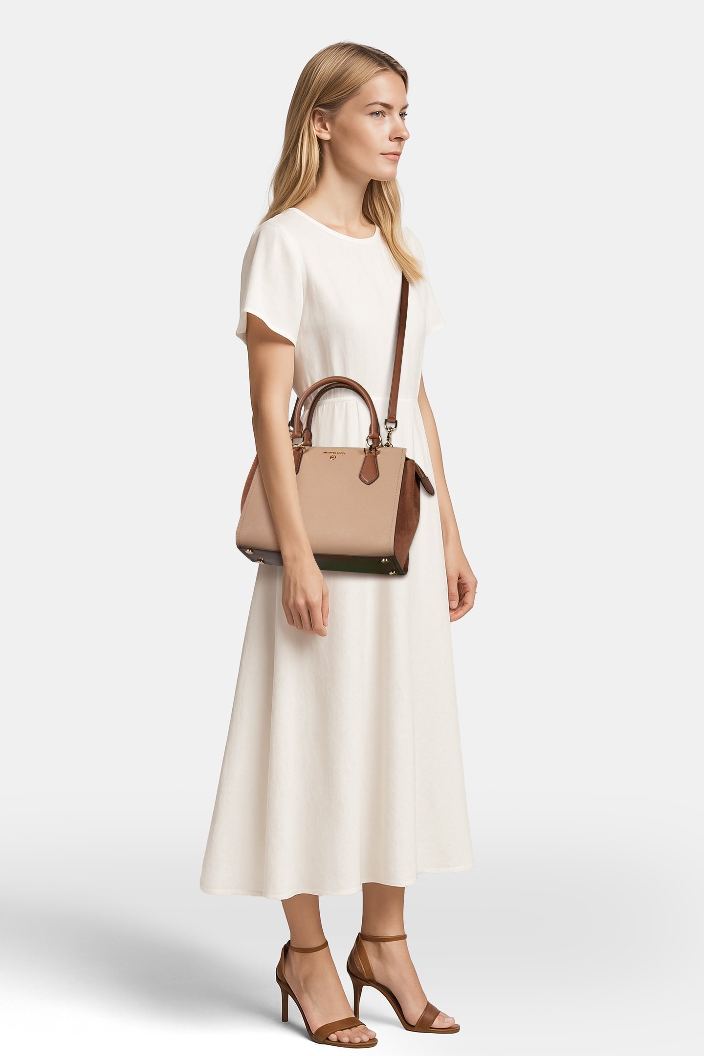 MEDIUM SATCHEL BAG IN CAMEL AND TAN 3