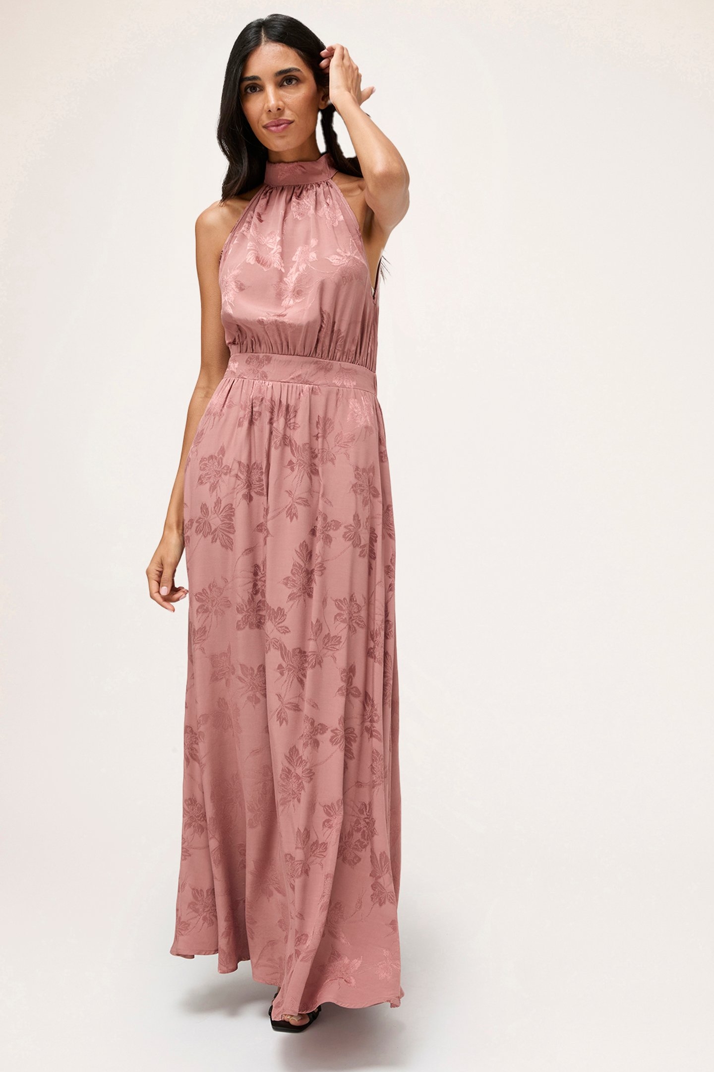 JACQUARD SATIN LONG HALTERNECK DRESS PINK 4