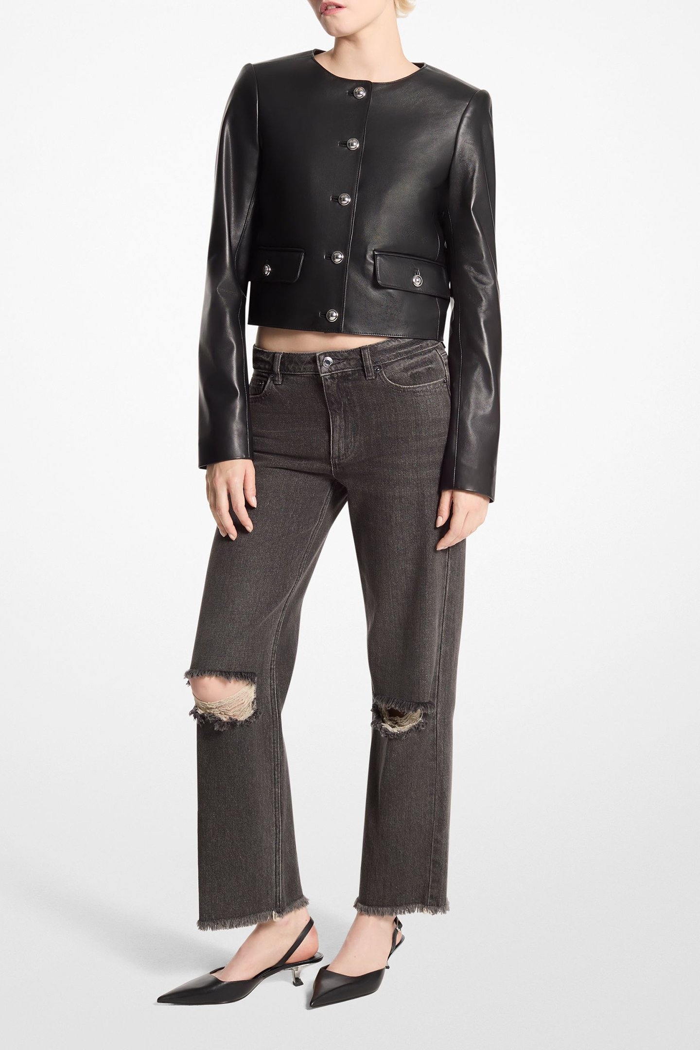CROPPED COLLARLESS LEATHER JACKET IN BLACK 1