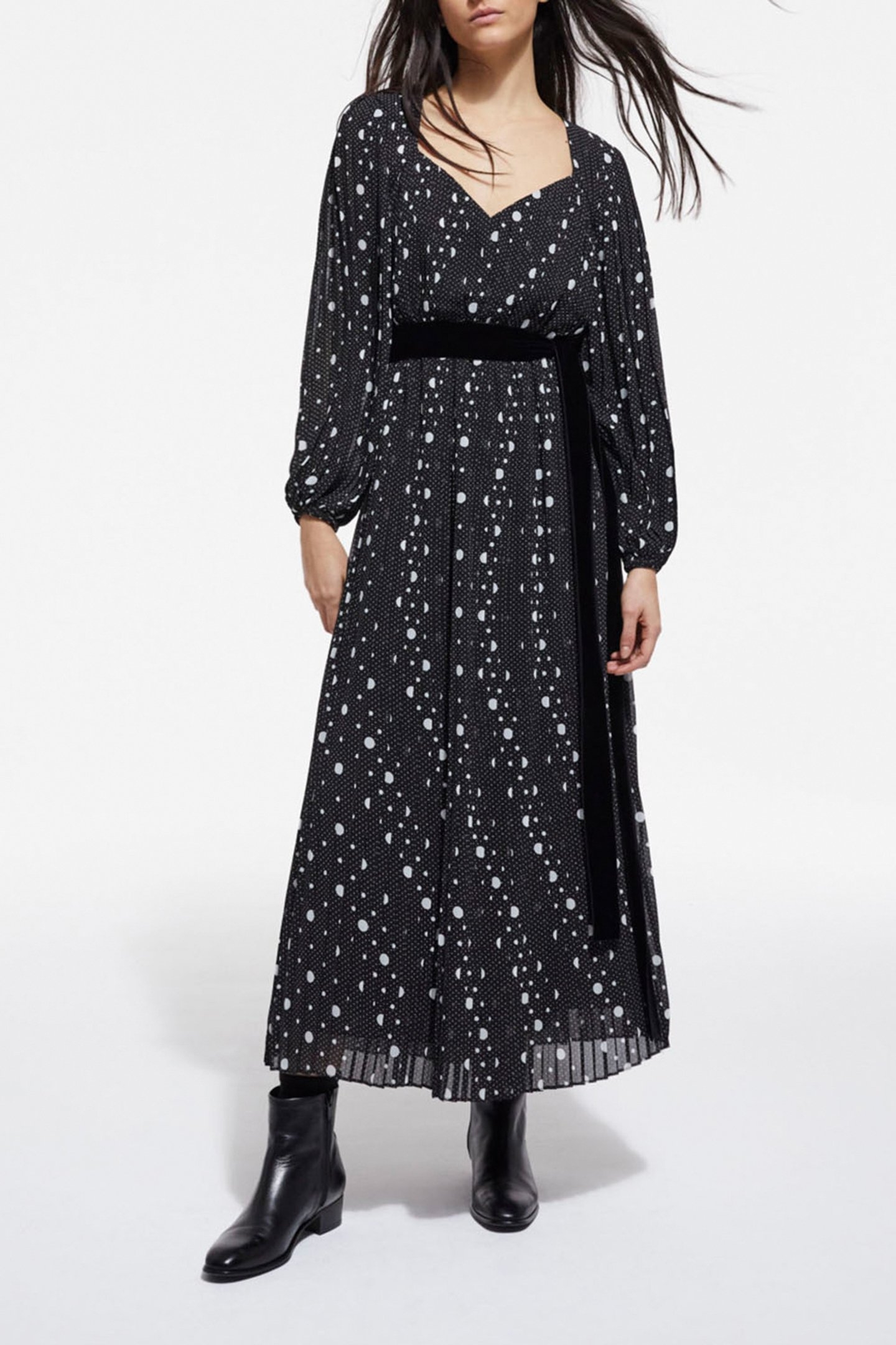 LONG PLEATED DRESS WITH POLKA DOTS BLACK-ECRU 1