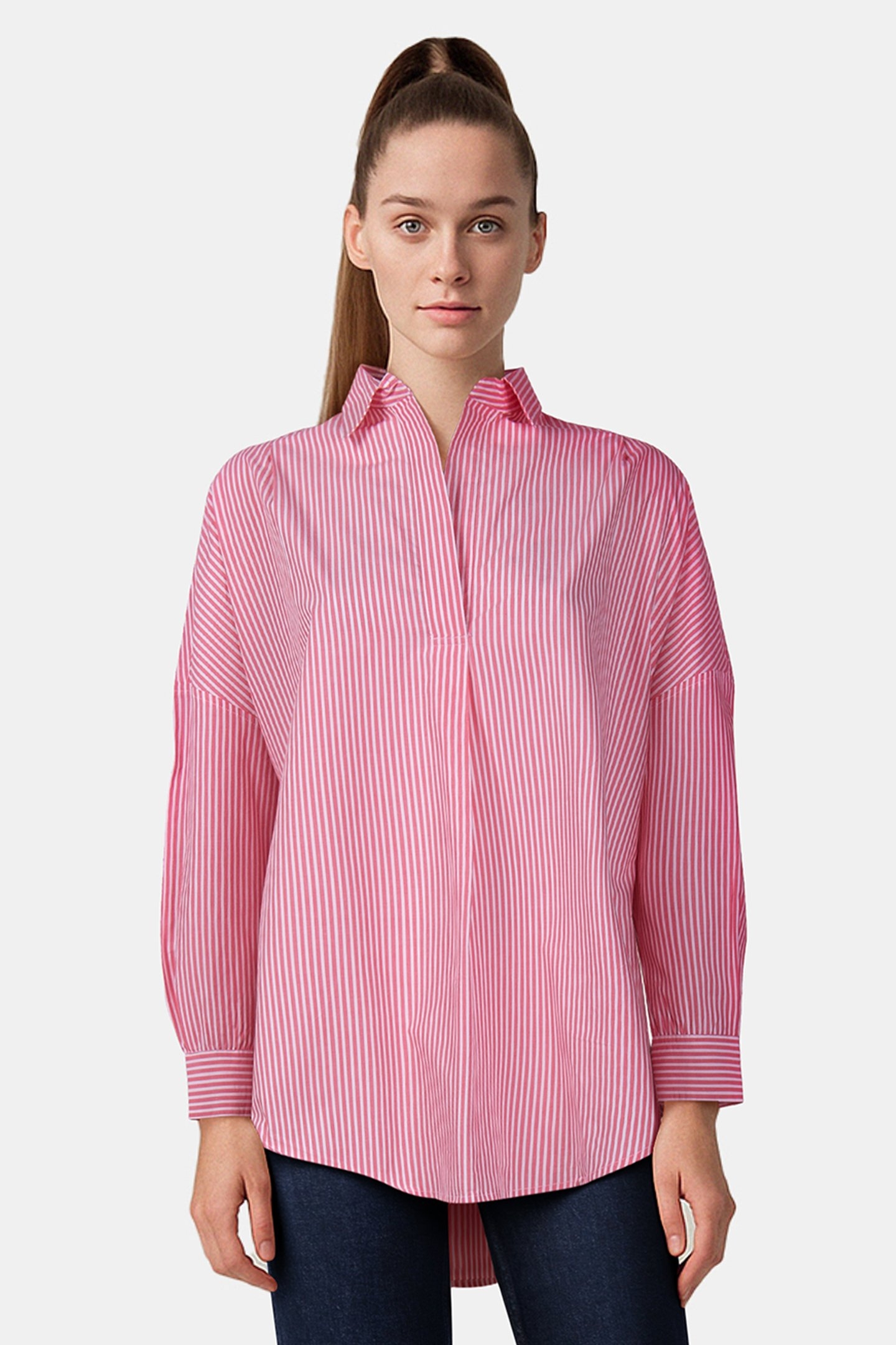 STRIPE POPLIN LONG SLEEVE POPOVER CAMELLIA/WHT TICKSTP 1