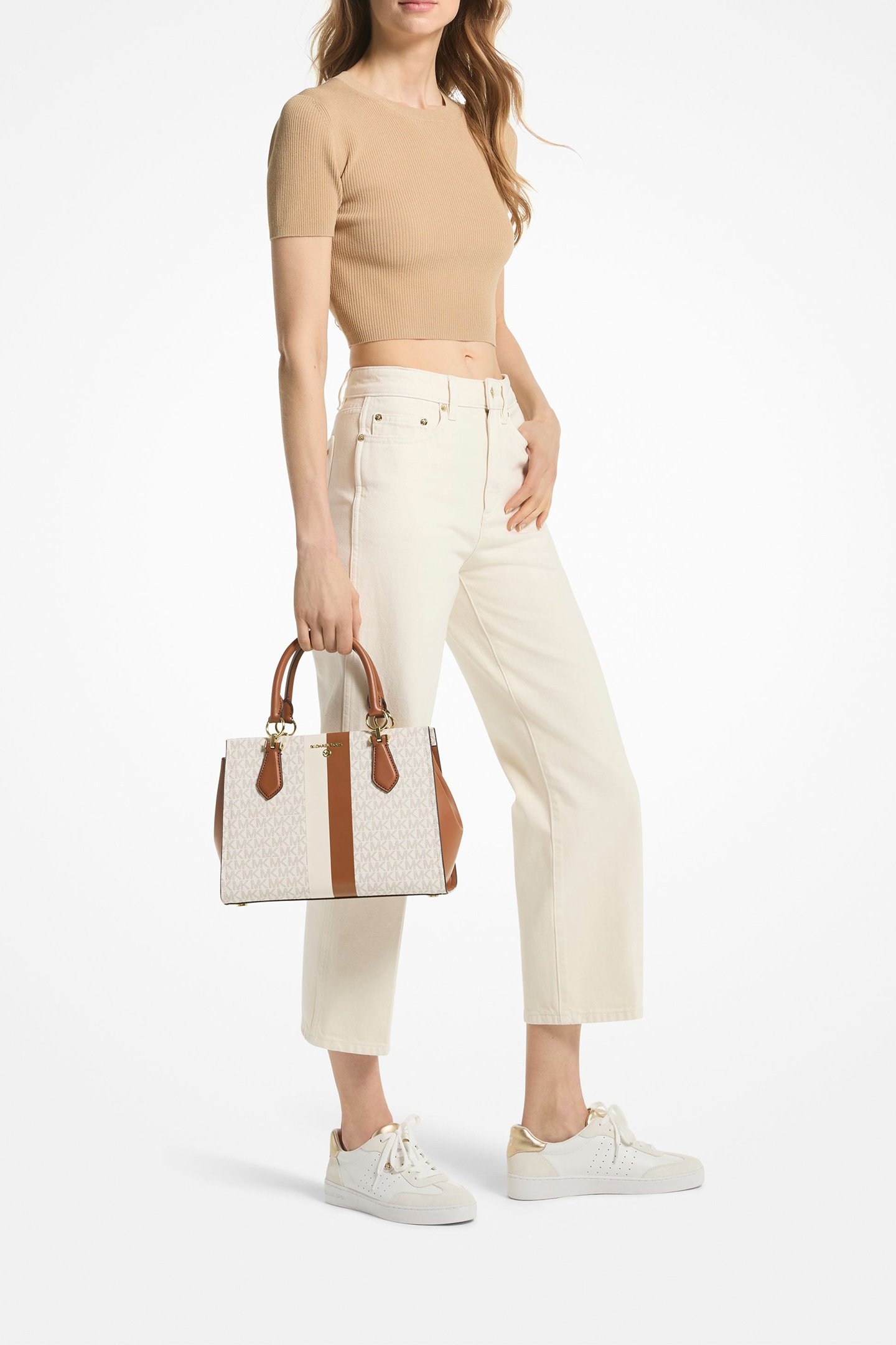 MEDIUM LEATHER SATCHEL BAG IN CREAM AND BROWN 2