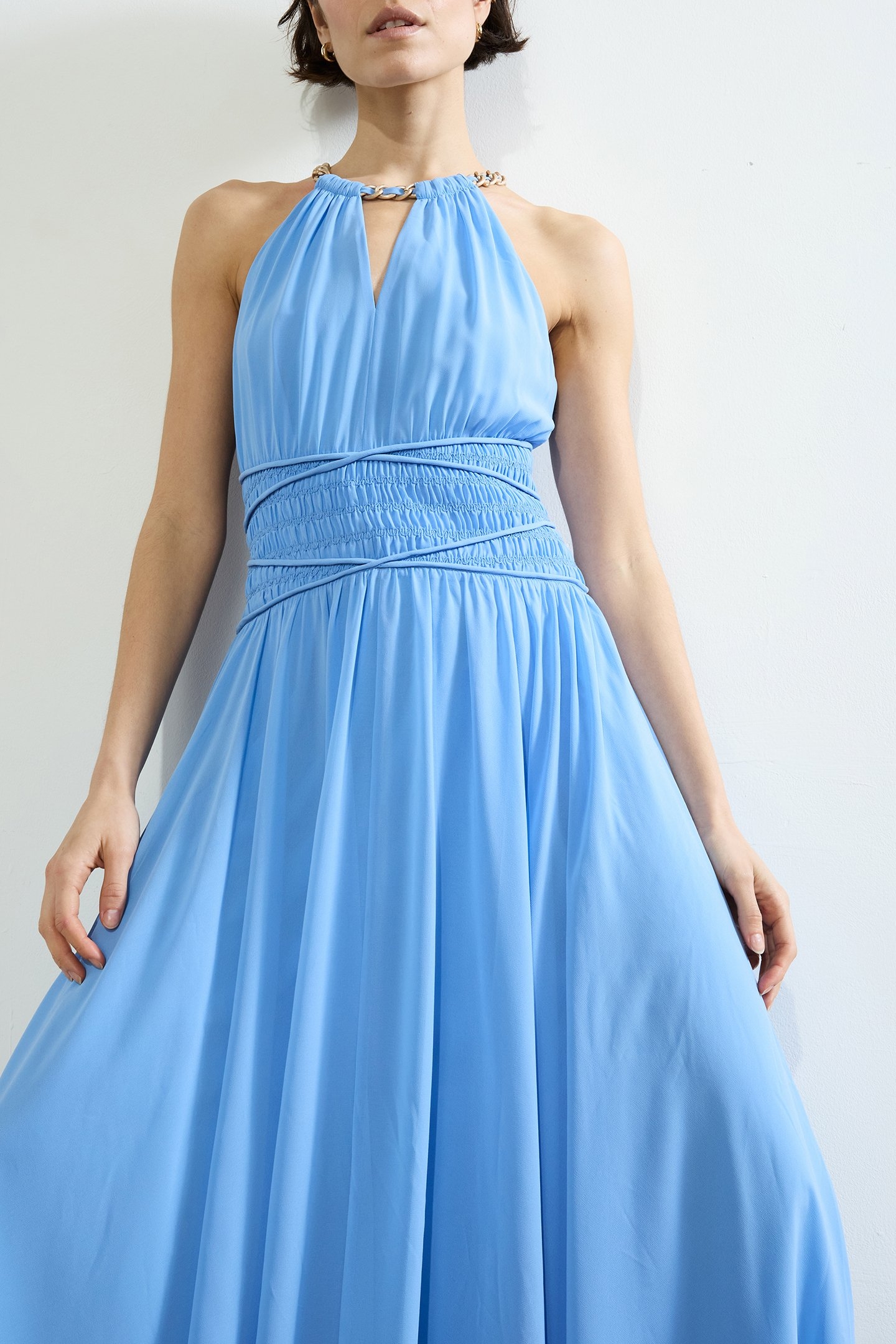EDEN GEORGETTE HALTER NK DRESS CORNFLOWER BLUE 3