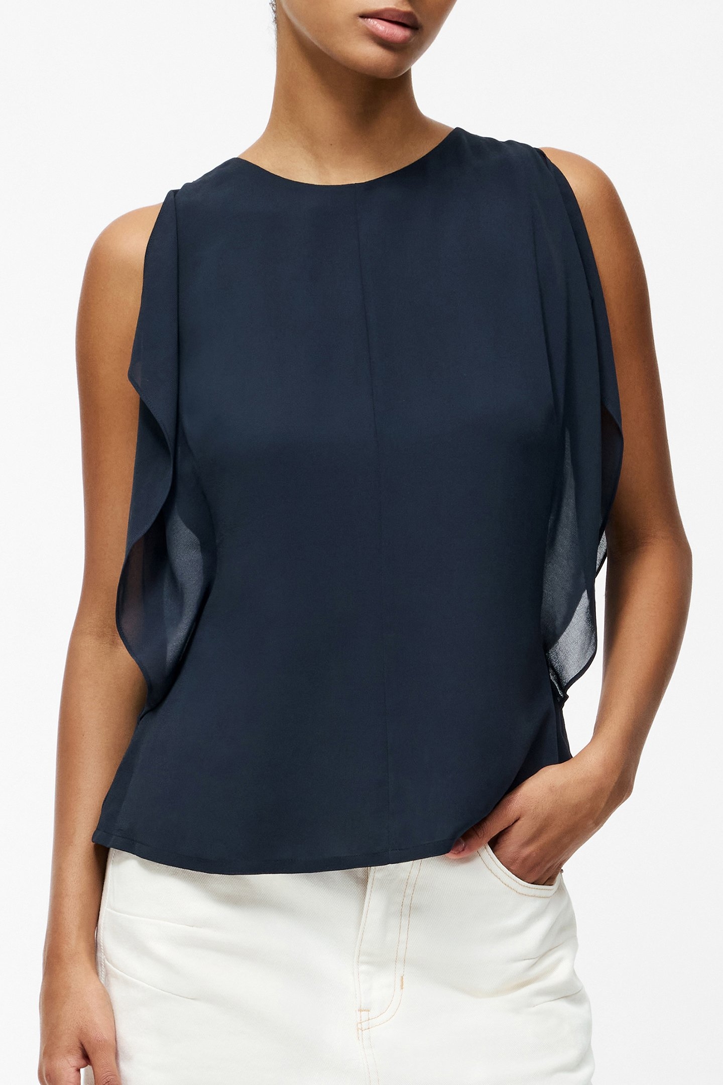 EDEN GEORGETTE FLUTTER SLV TOP NAVY 1