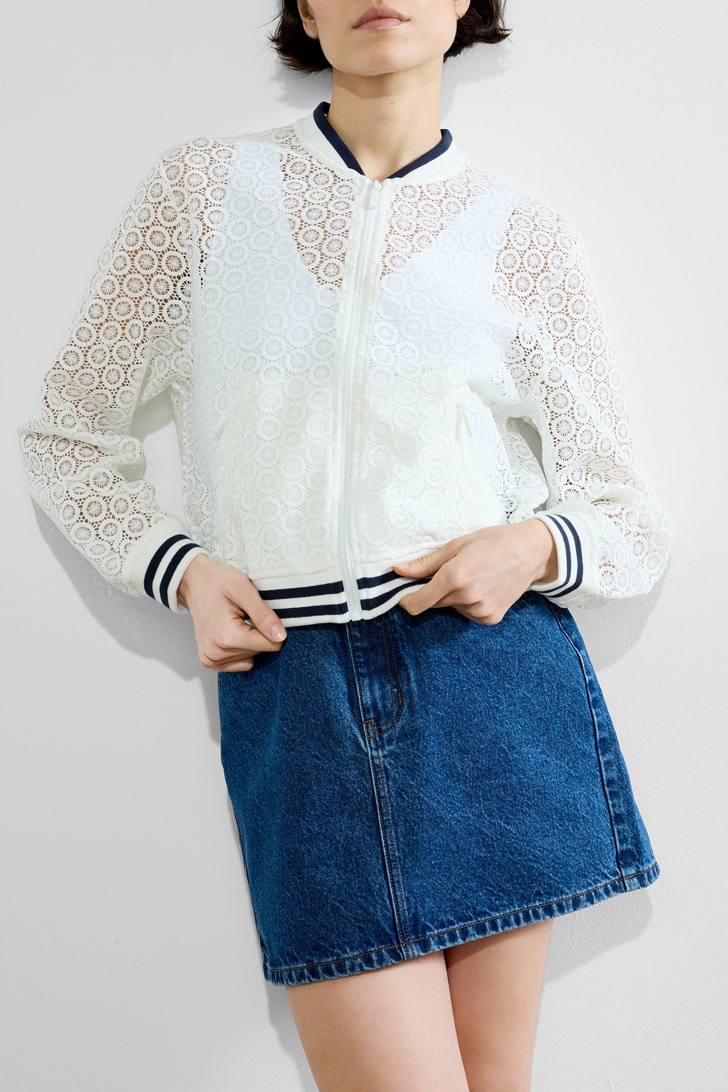 KRISTA LACE MIX KNIT BOMBER SUMMER WHITE/NAVY 1