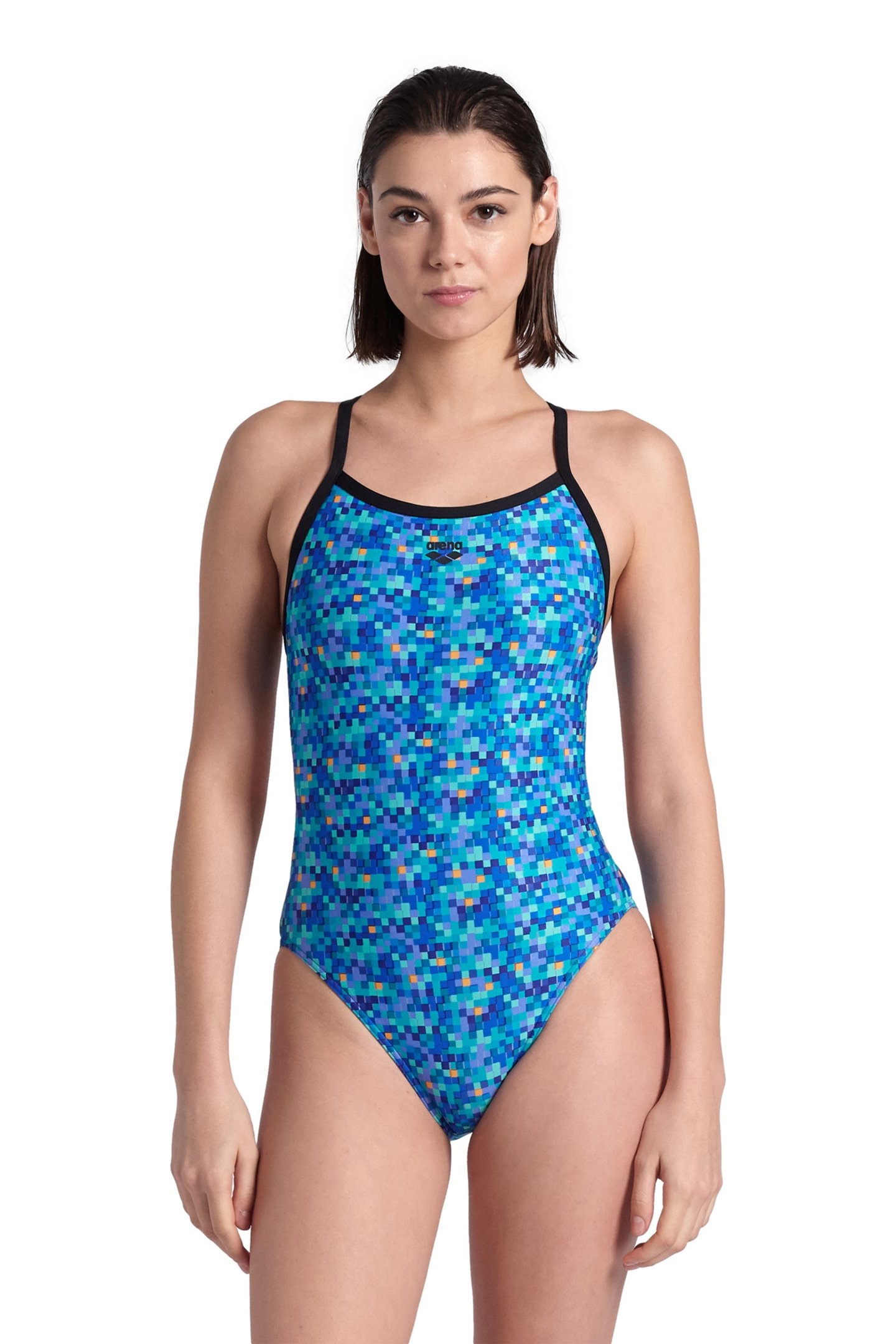 WOMEN'S ARENA POOLTILES SWIMSUIT CHALLEN BLACK BLUE MULTI 1