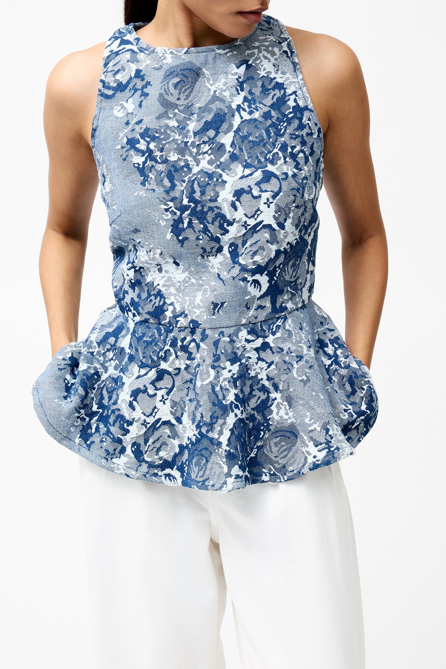 CHARLOTTE JACQUARD PEPLUM TOP LIGHT WASH 1