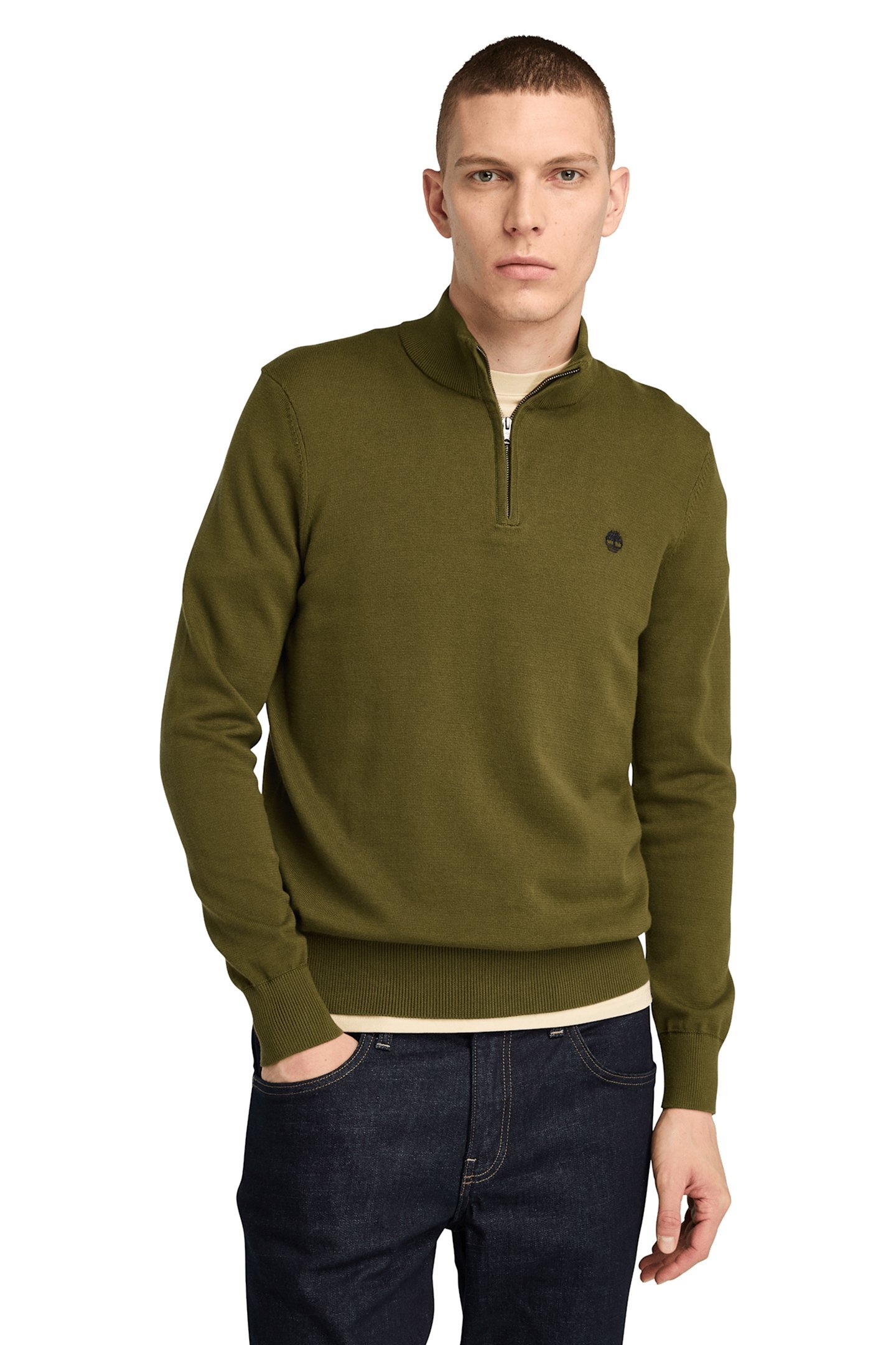 WILLIAMS RIVER COTTON 1/4 ZIP SWEATER DARK OLIVE 1