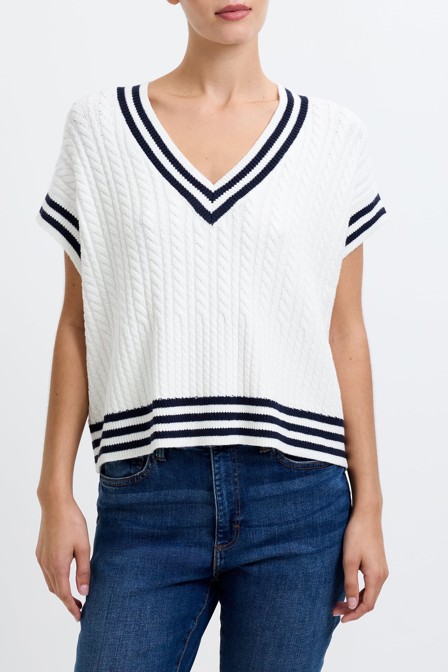BABYSOFT CABLE KNIT V-NECK TANK VEST WINTER WHT/DUCH BLUE 1
