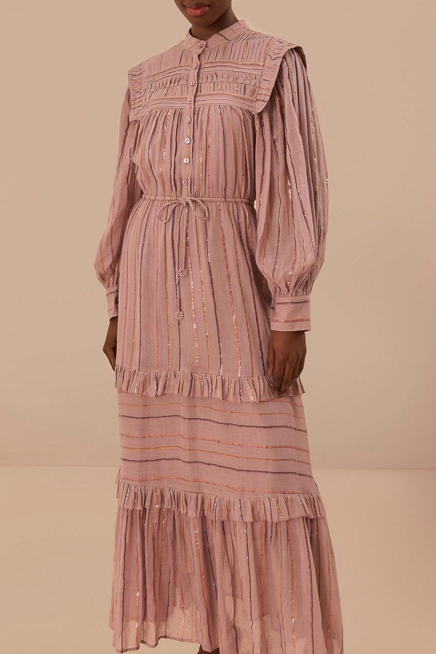 LIGHT PINK PLEATED YOKE TIERED MAXI DRESS 1