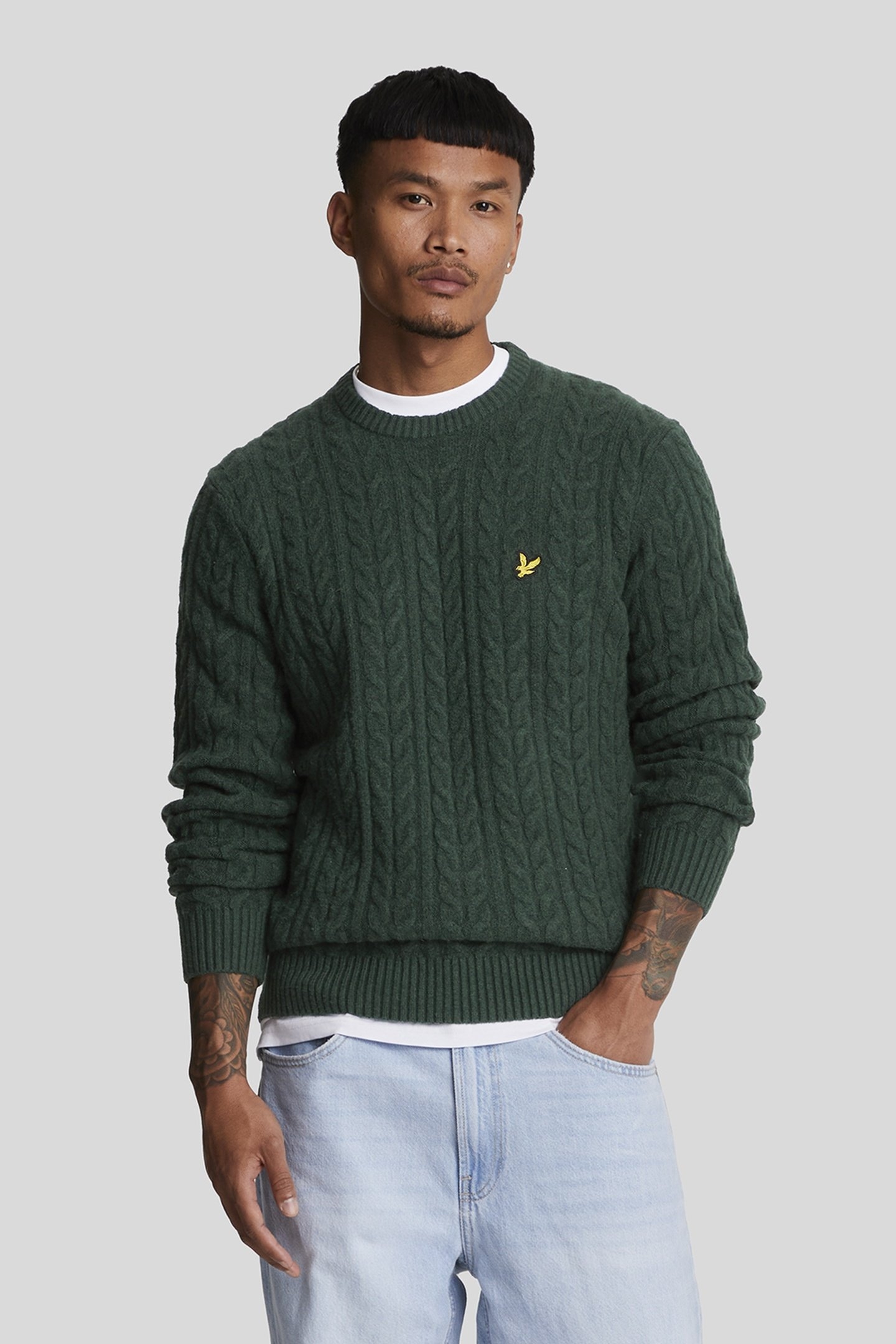 CABLE CREW NECK JUMPER DARK GREEN MARL 1