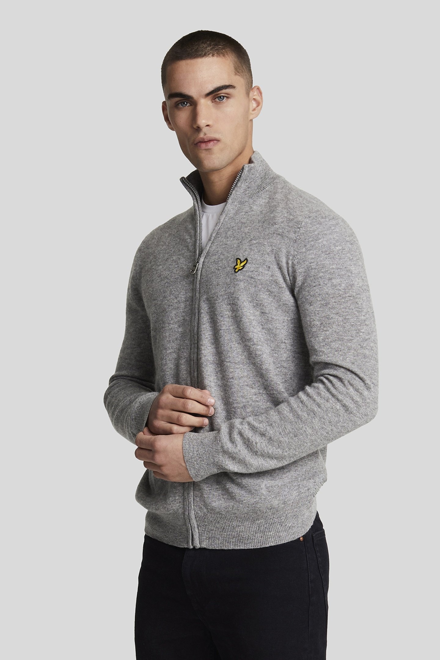 LAMBSWOOL BLEND ZIP THROUGH CARDIGAN MID GREY MARL 1