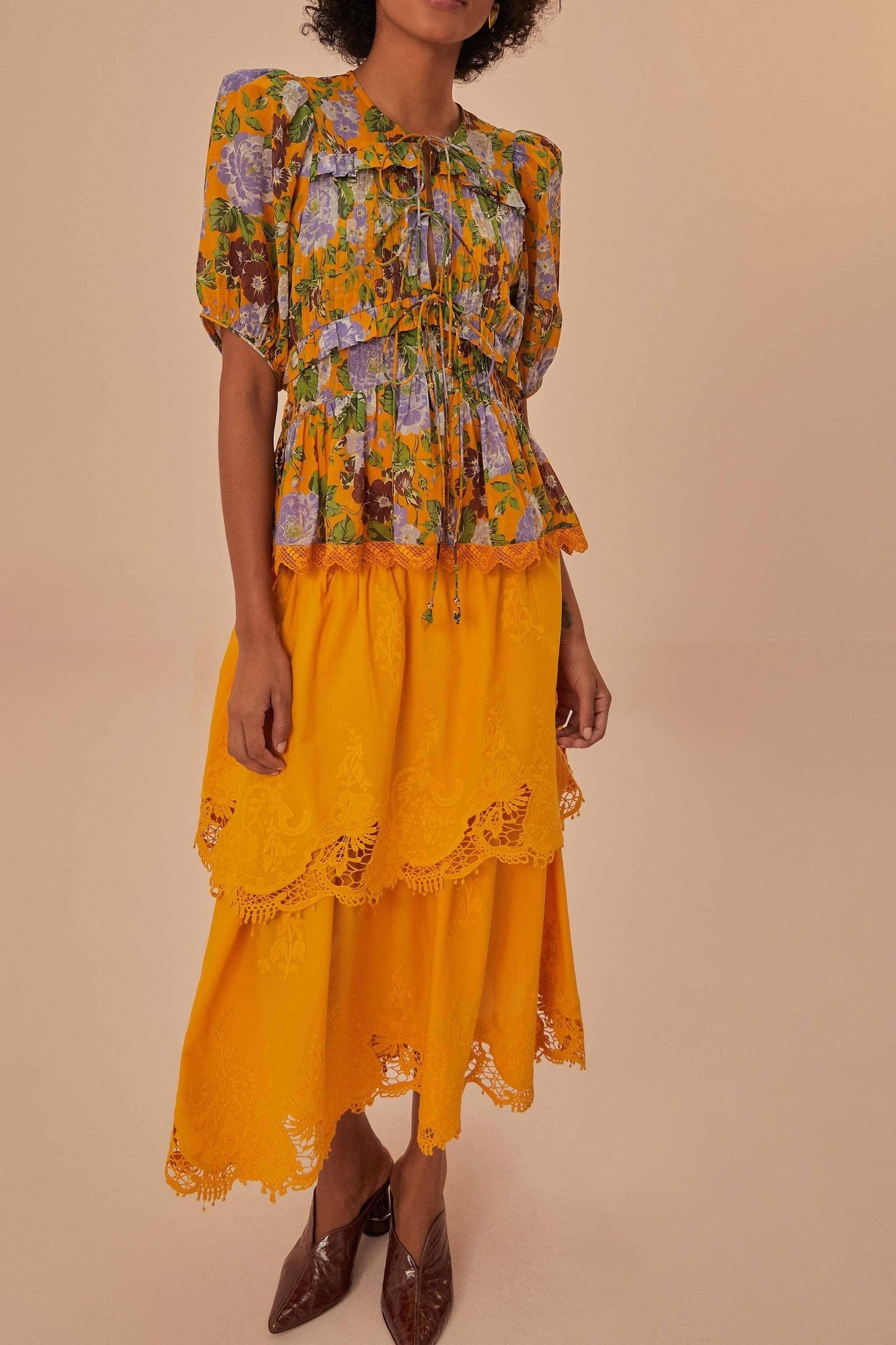 MUSTARD YELLOW TIERED LACE MIDI SKIRT 3