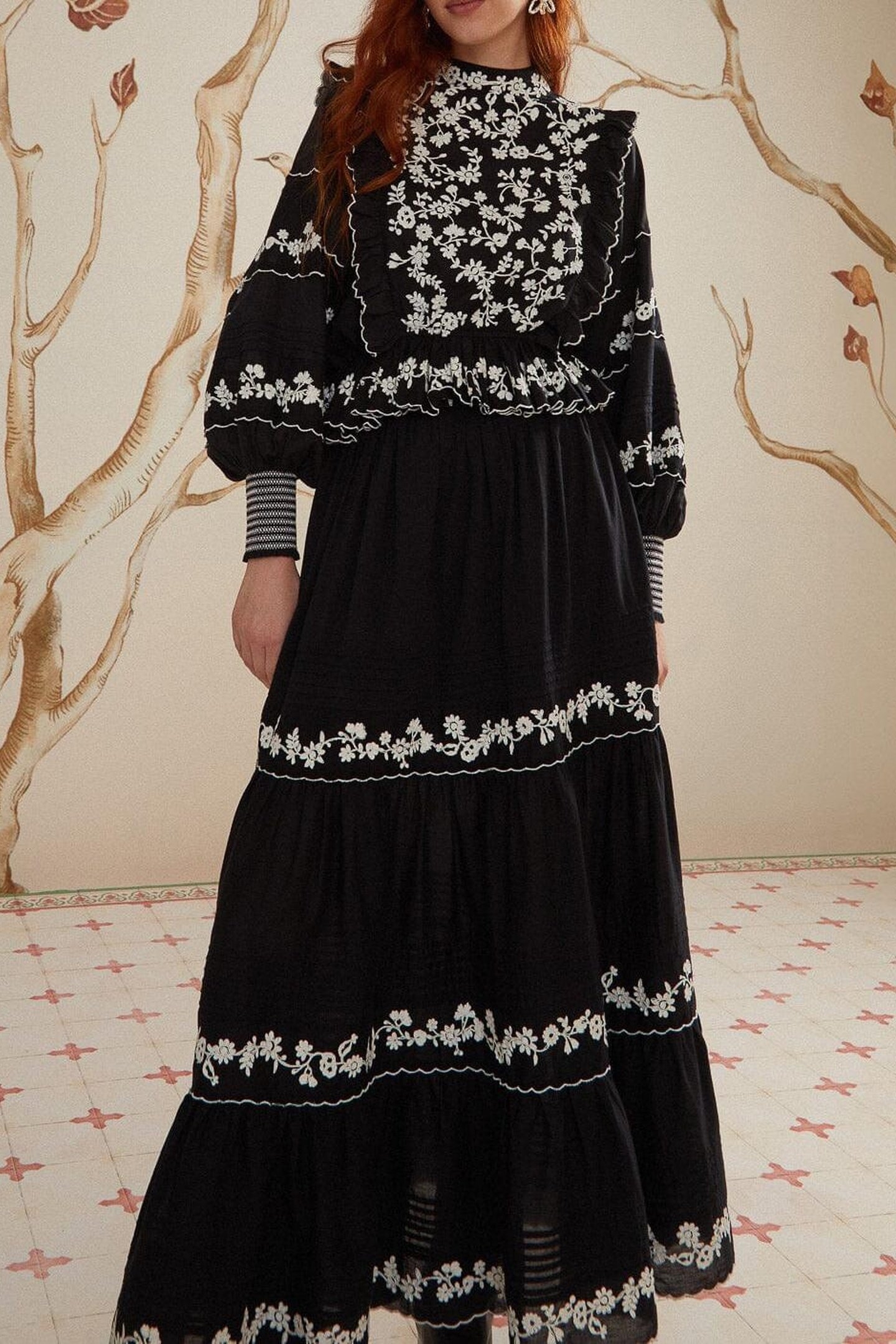 BLACK EMBROIDERED RUFFLED MAXI SKIRT 3