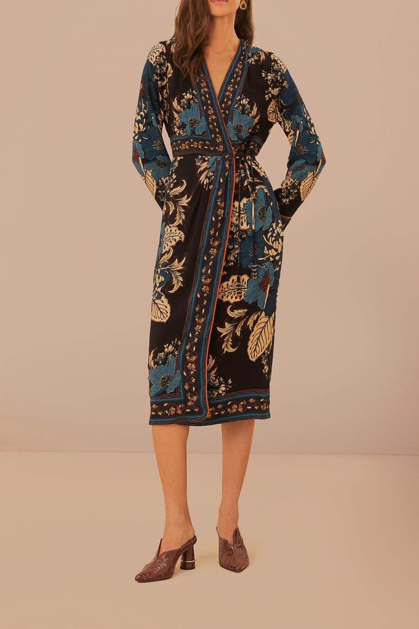 BLOSSOM TAPESTRY BLACK MIDI WRAP DRESS 2