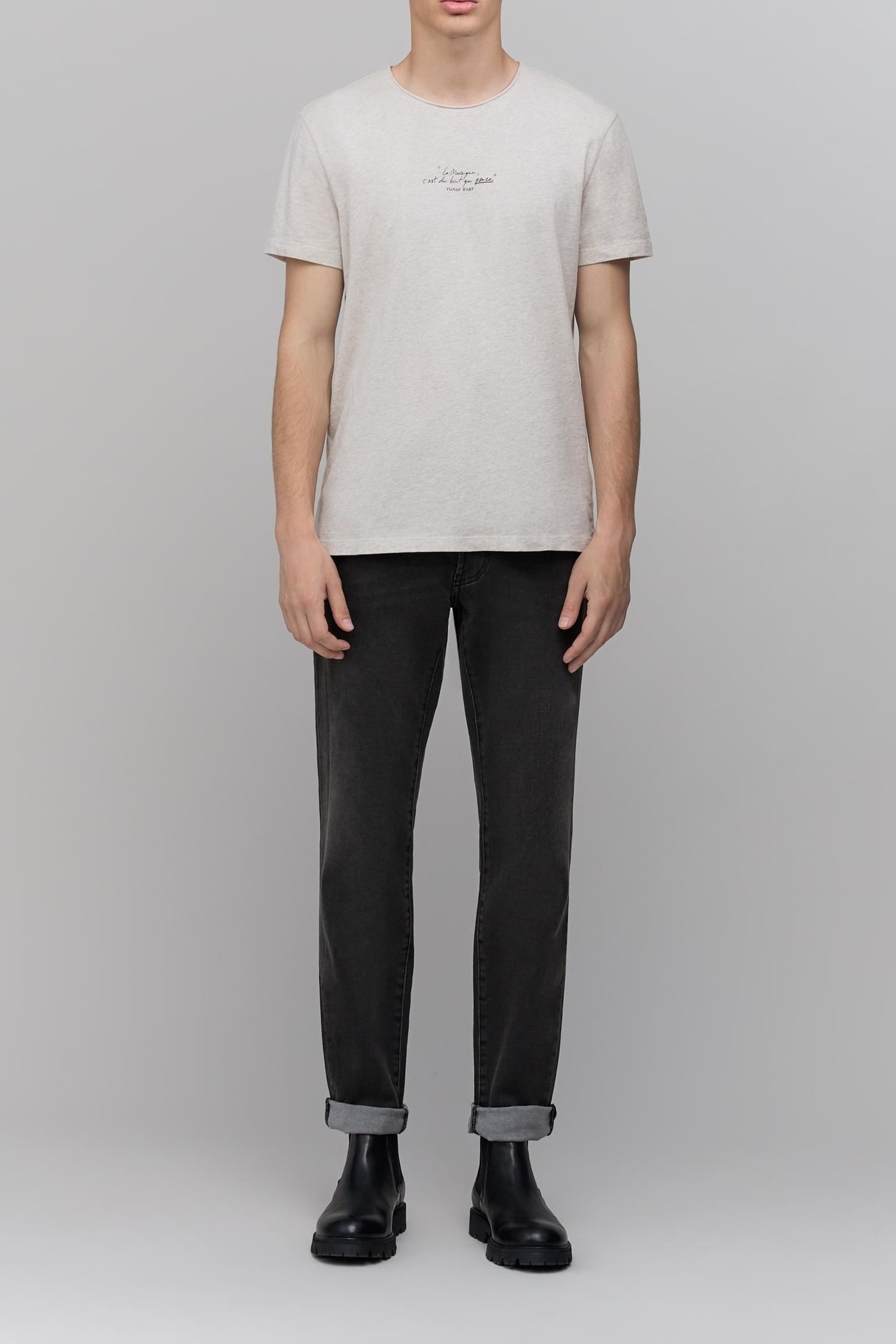 LIGHT GREY MARL UPCYCLED T-SHIRT WITH PRINT SLOGAN 1