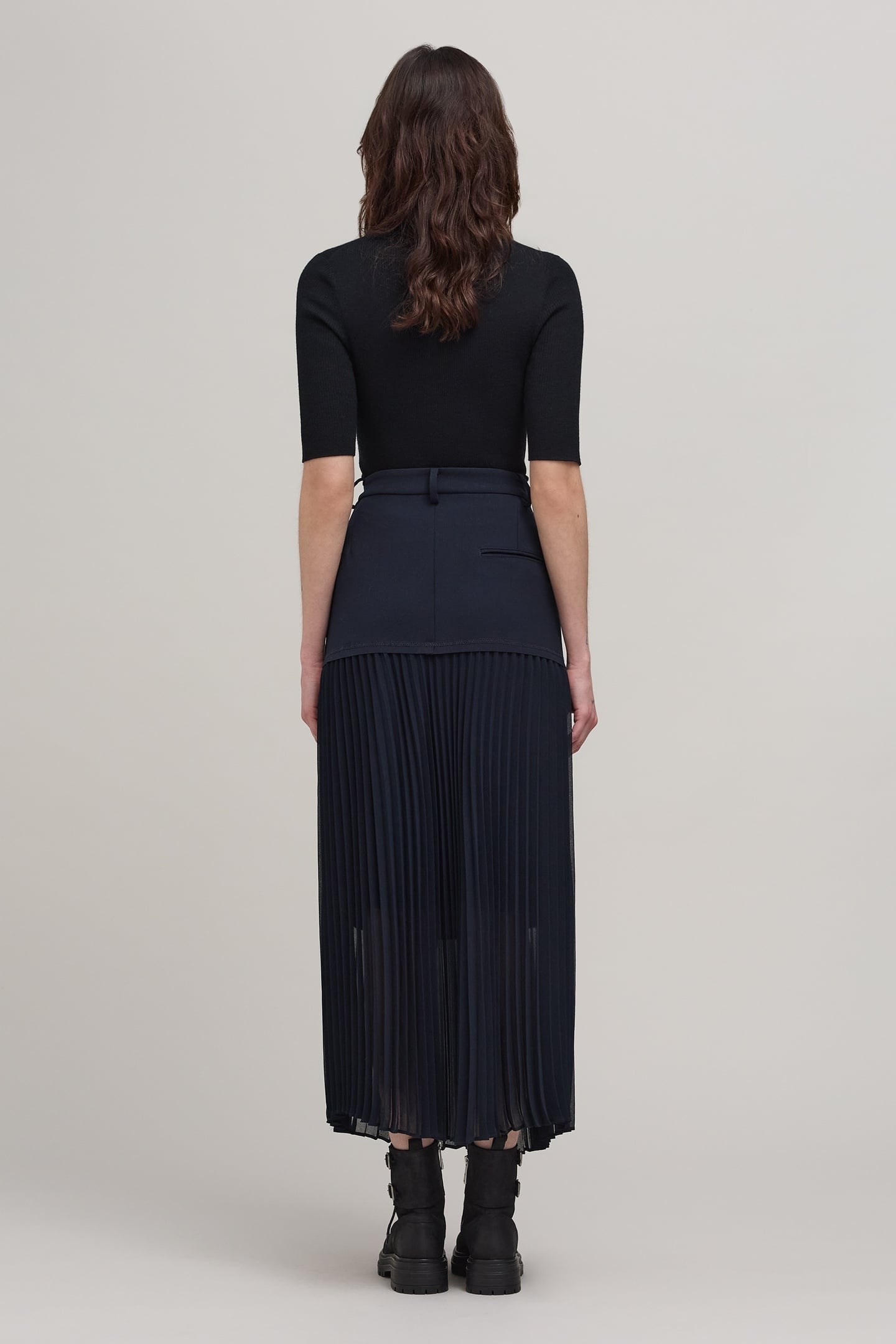 NAVY BI-MATERIAL LONG SKIRT 5