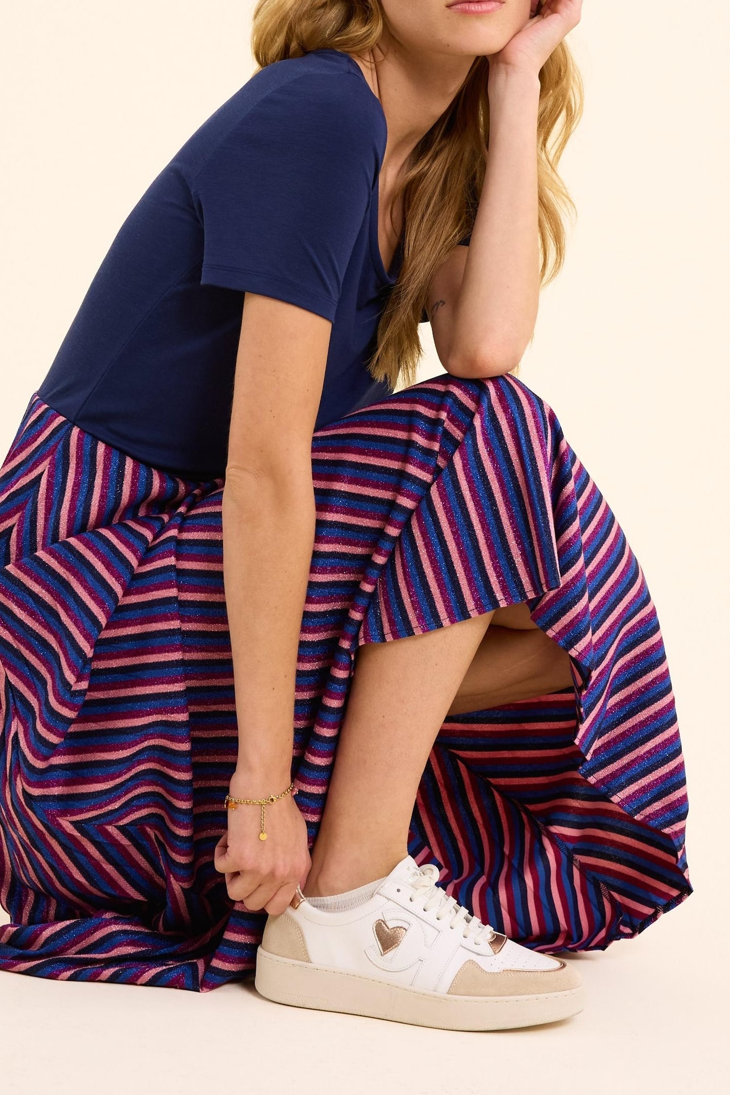 LUREX STRIPED PLEATED BI-MATERIAL MAXI DRESS VIOLINE 8