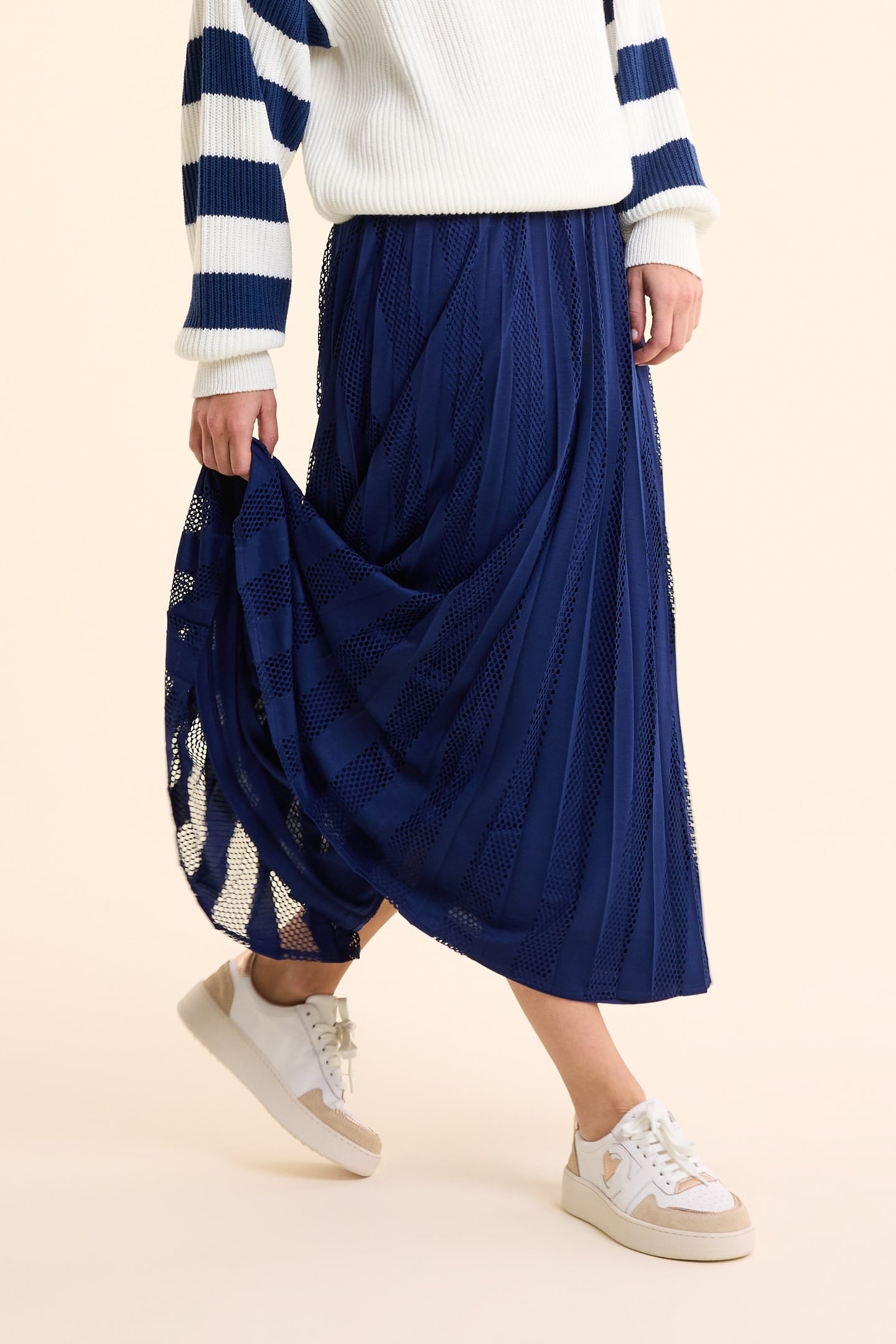 LONG INDIGO PLEATED SKIRT WITH OPENWORK STRIPES INDIGO 5