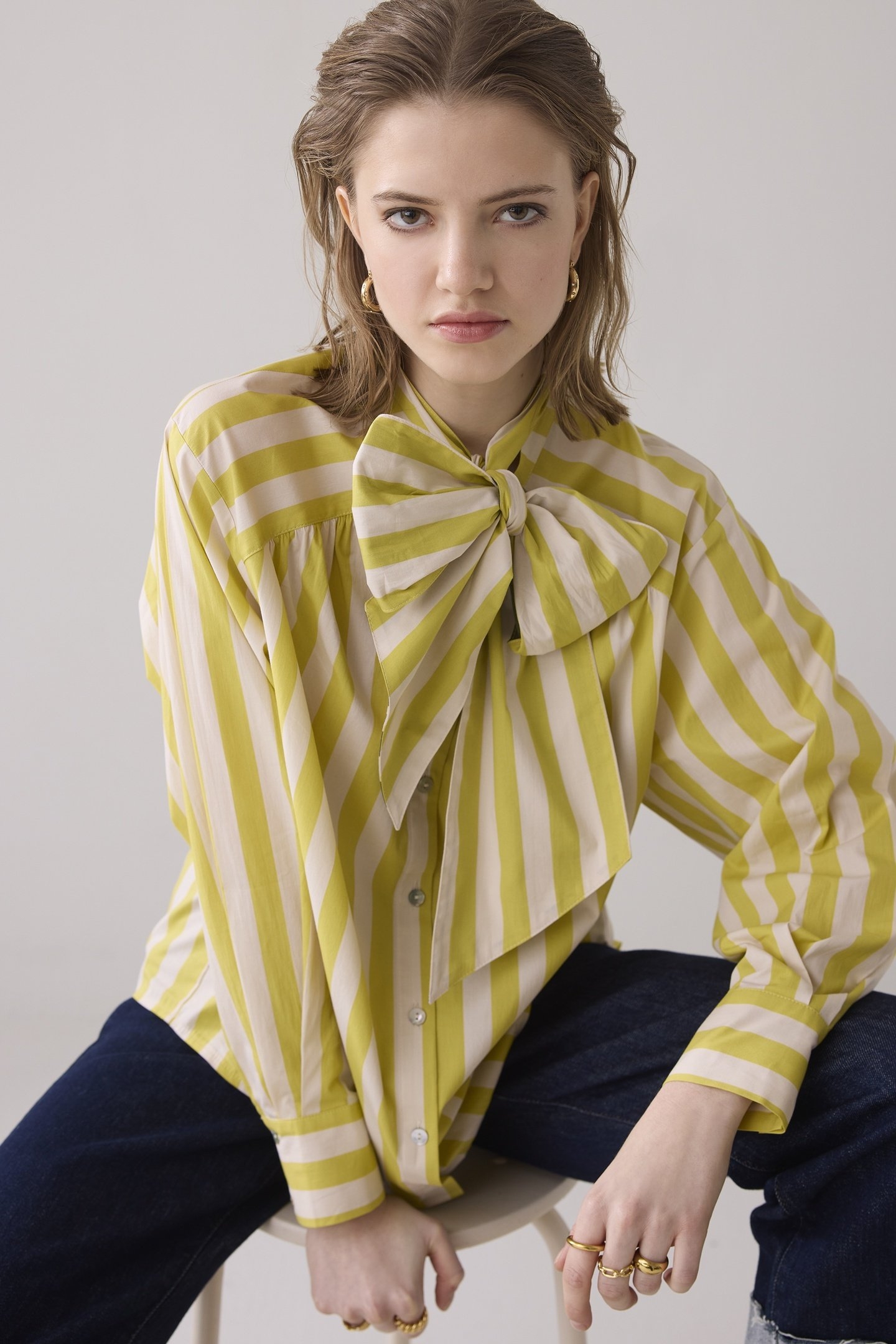 BLOUSE BOW TIE PRINTED STRIPE MIMOSA YELLOW 2
