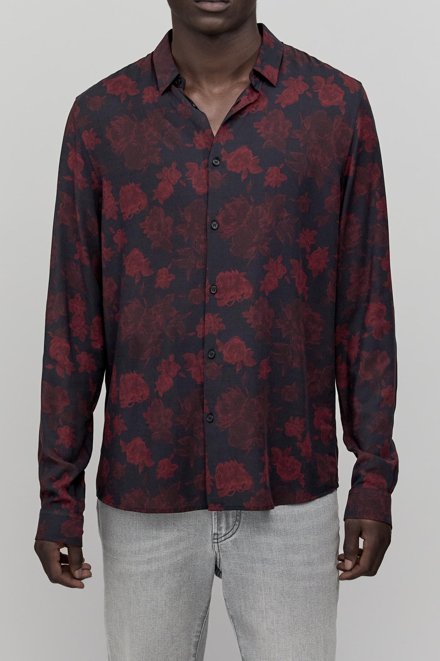 BLACK SLIM SHIRT WITH RED ROSE PRINT 2