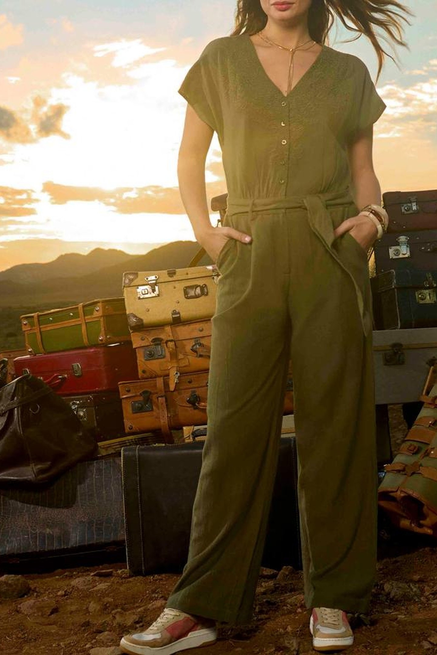 RIO - KHAKI LINEN BLEND JUMPSUIT WITH PLACED EMBROIDERY 7