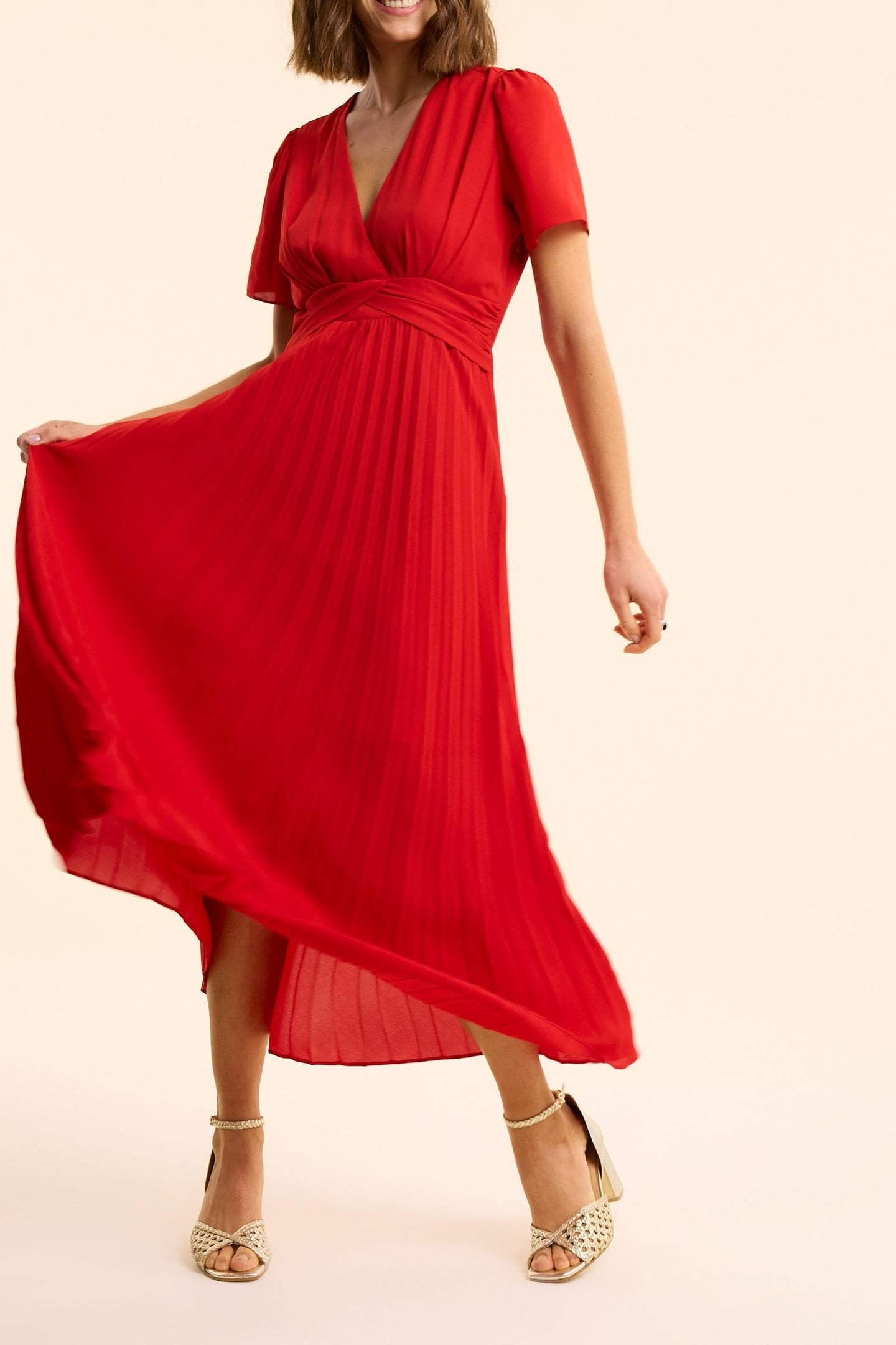 RED PLEATED DRESS WITH DRAPED WAIST CARMINE RED 1