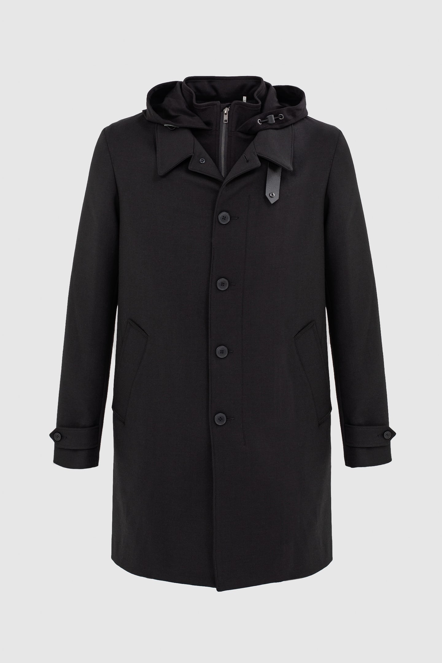 BLACK TRENCH COAT WITH DETACHABLE HOOD FACING 6