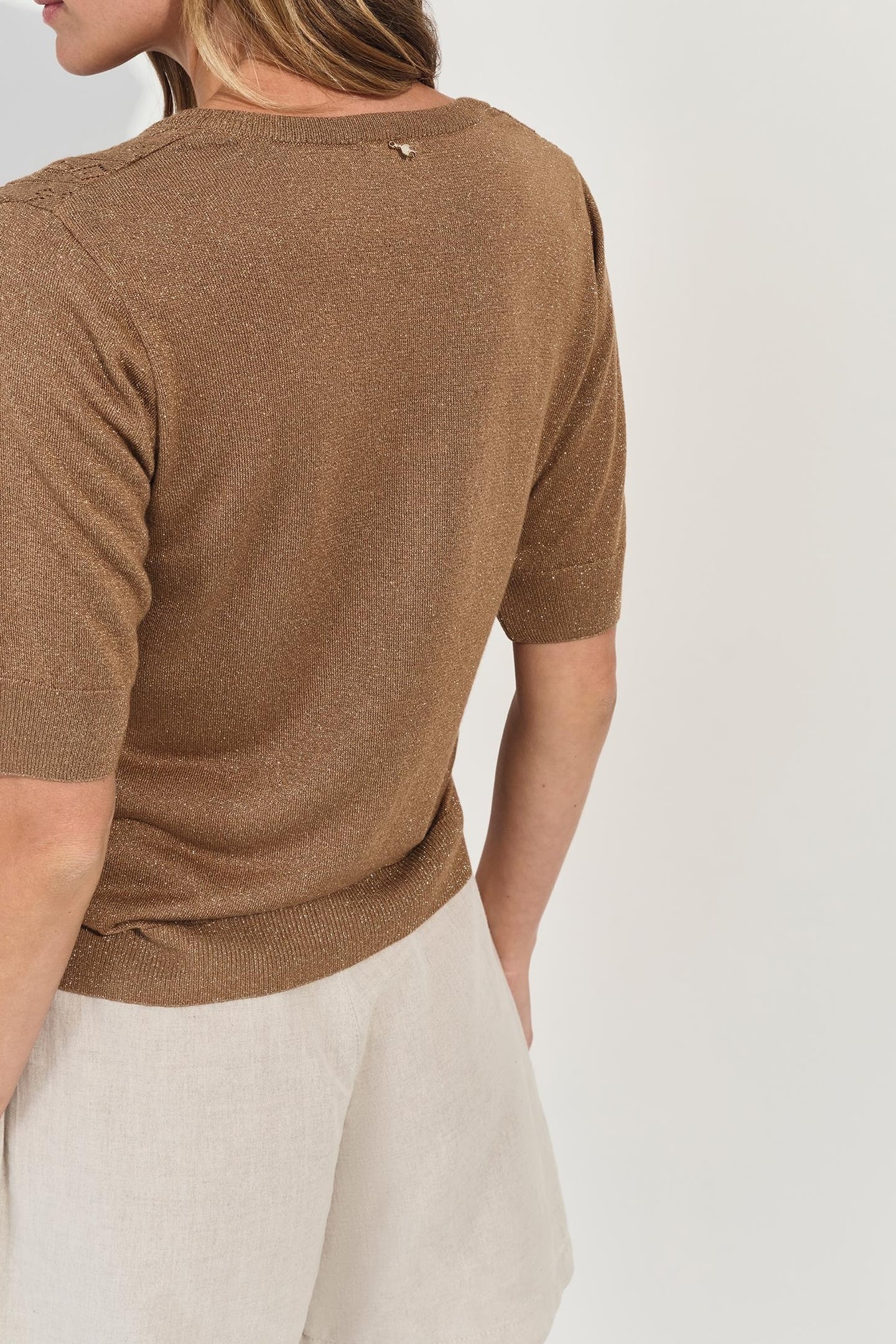 TERENOS - FANCY LUREX KNIT BROWN SHORT-SLEEVED CARDIGAN 4