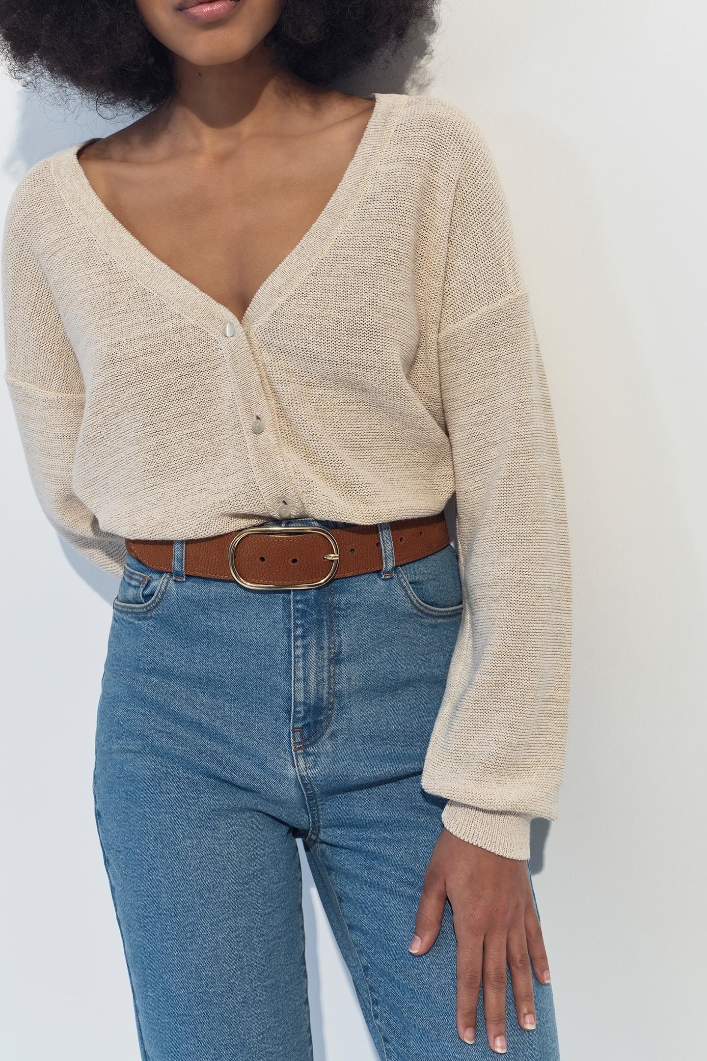 TINA - BEIGE KNIT LUREX CARDIGAN WITH V-NECK 1