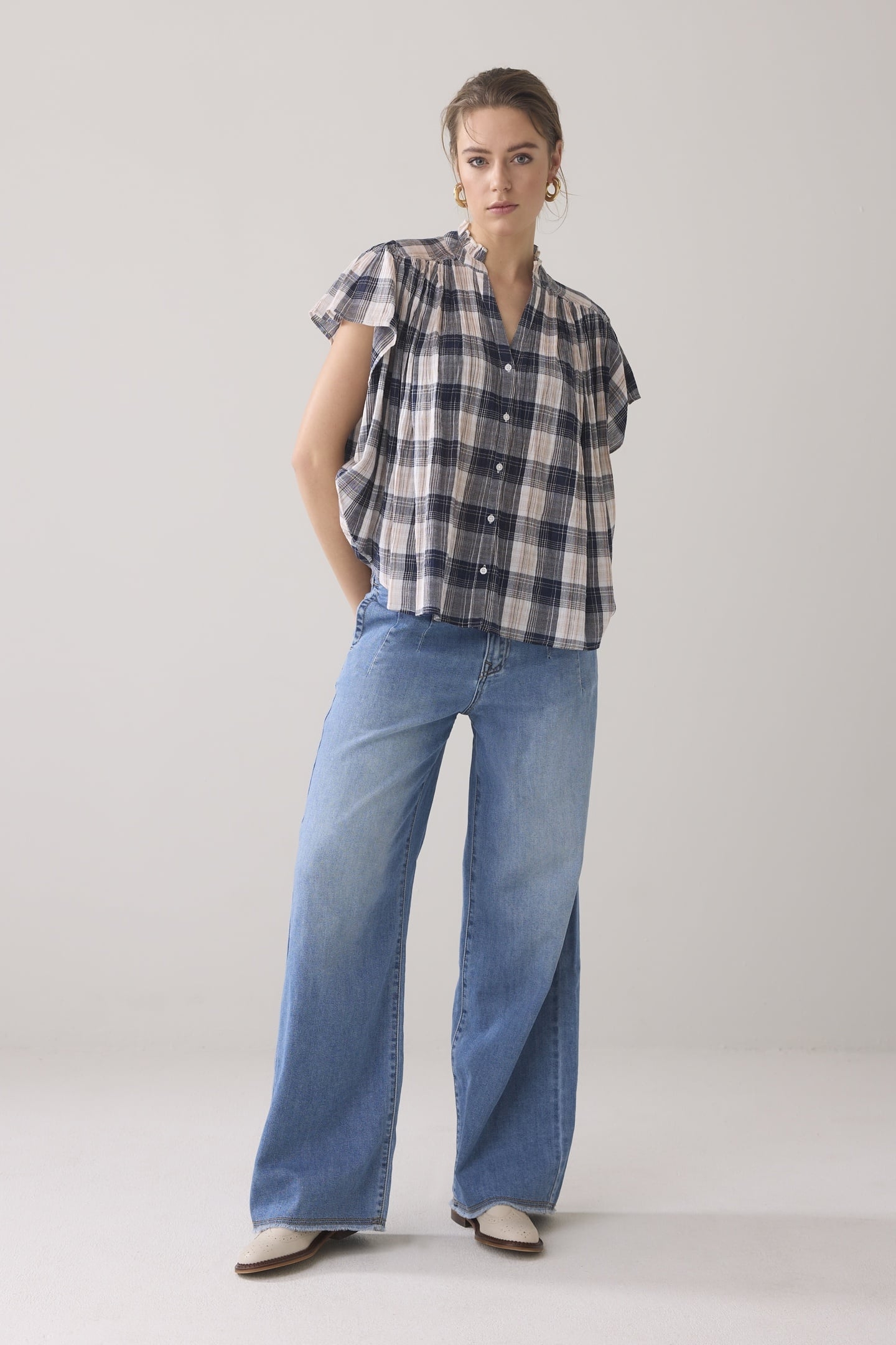 SLEEVELESS BLOUSE CRINKLE CHECK NAVY NOIR 1