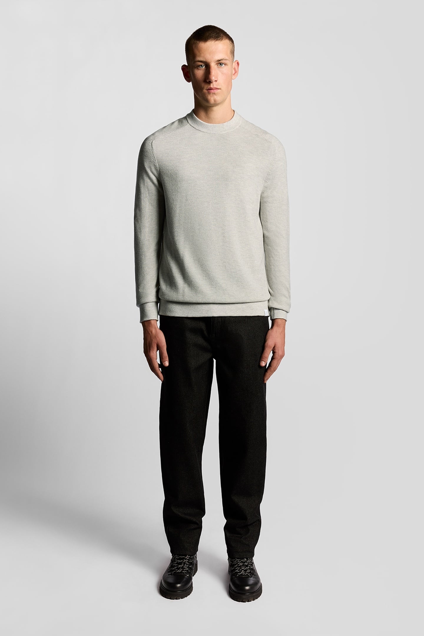 PIQUE MOCK NECK JUMPER LIGHT GREY MARL 1