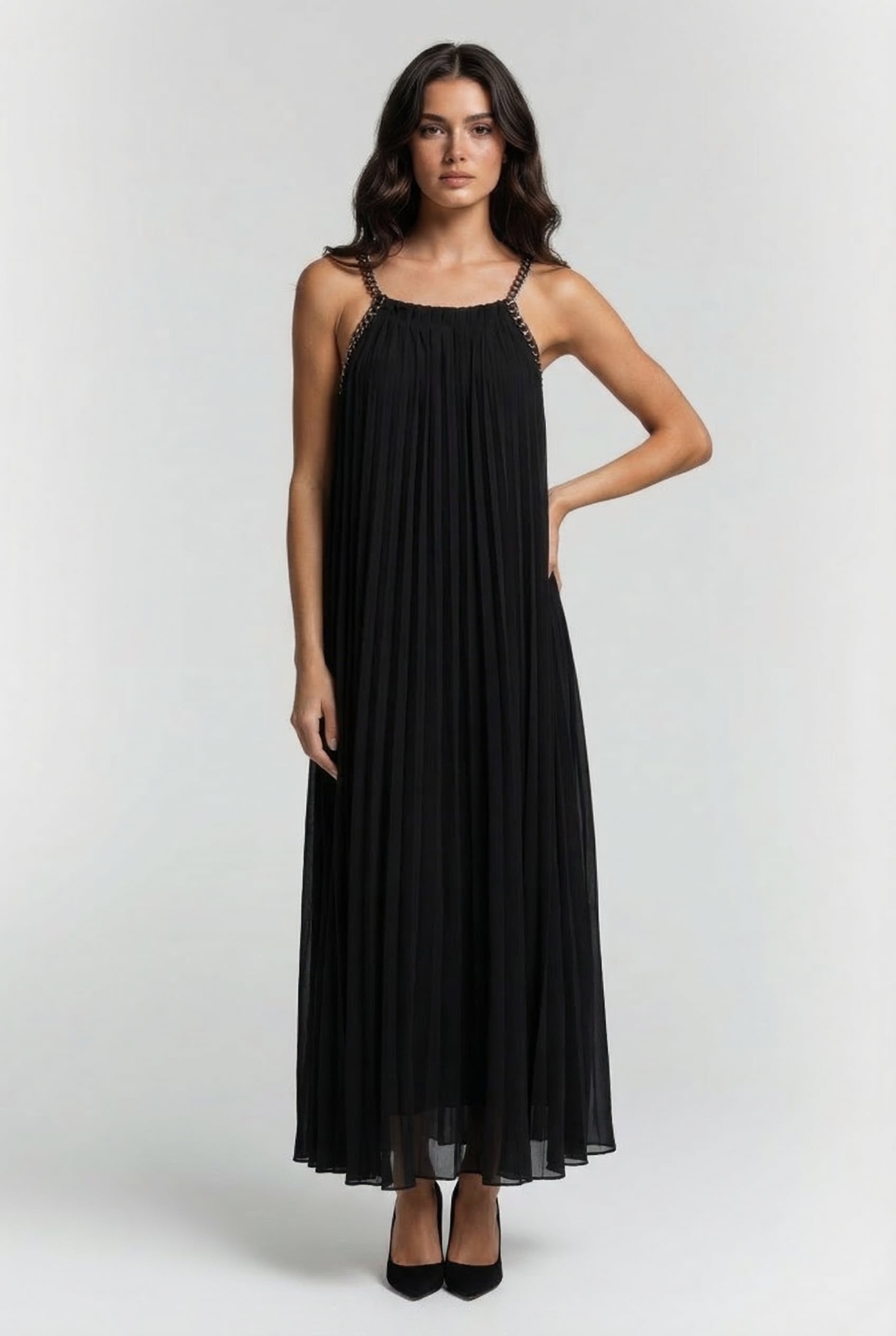 PLEATED CHAIN MIDI DRESS BLACK 1