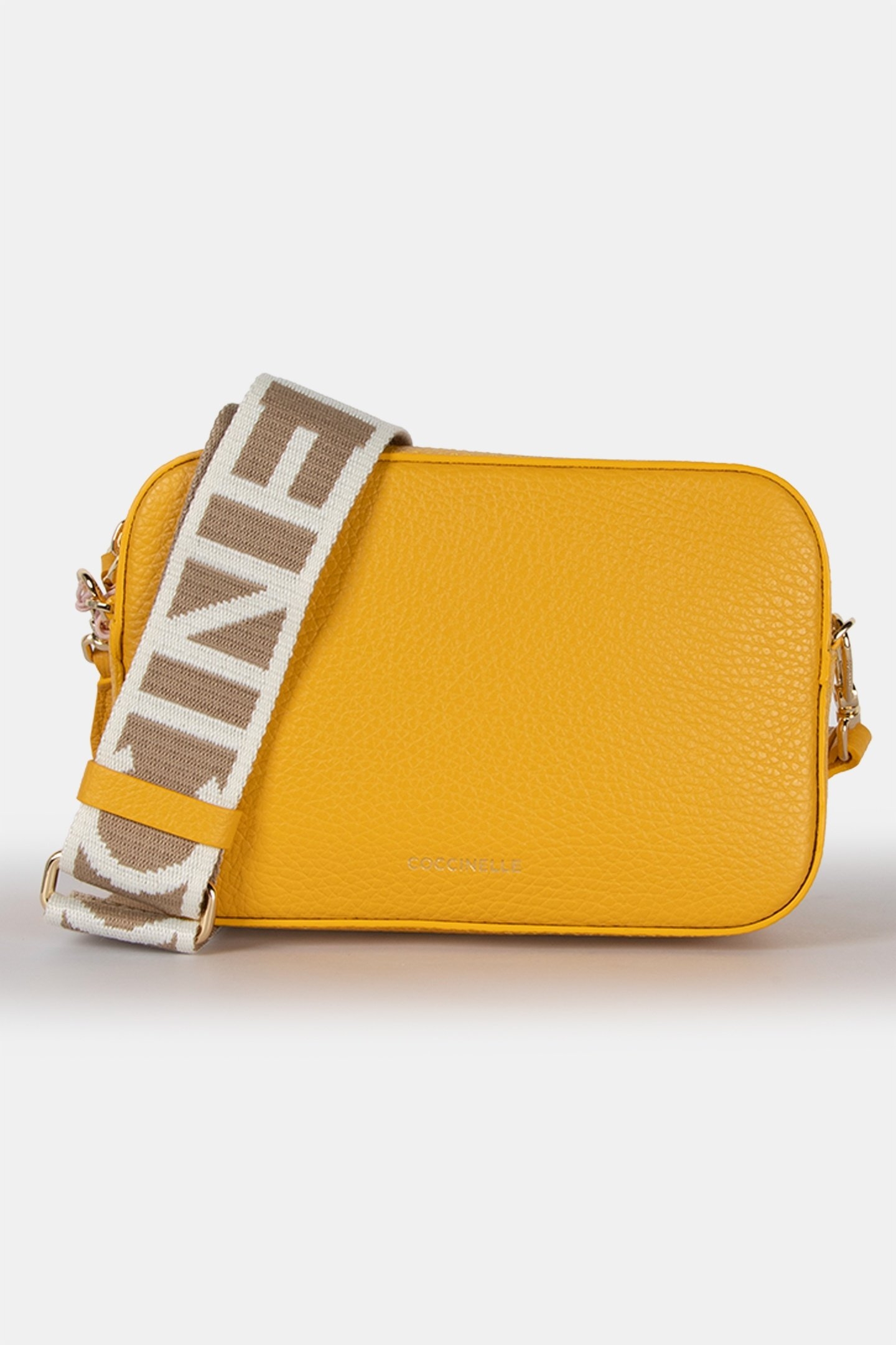 LEATHER CAMERA CROSS BODY BAG WITH LOGO STRAP IN YELLOW 2
