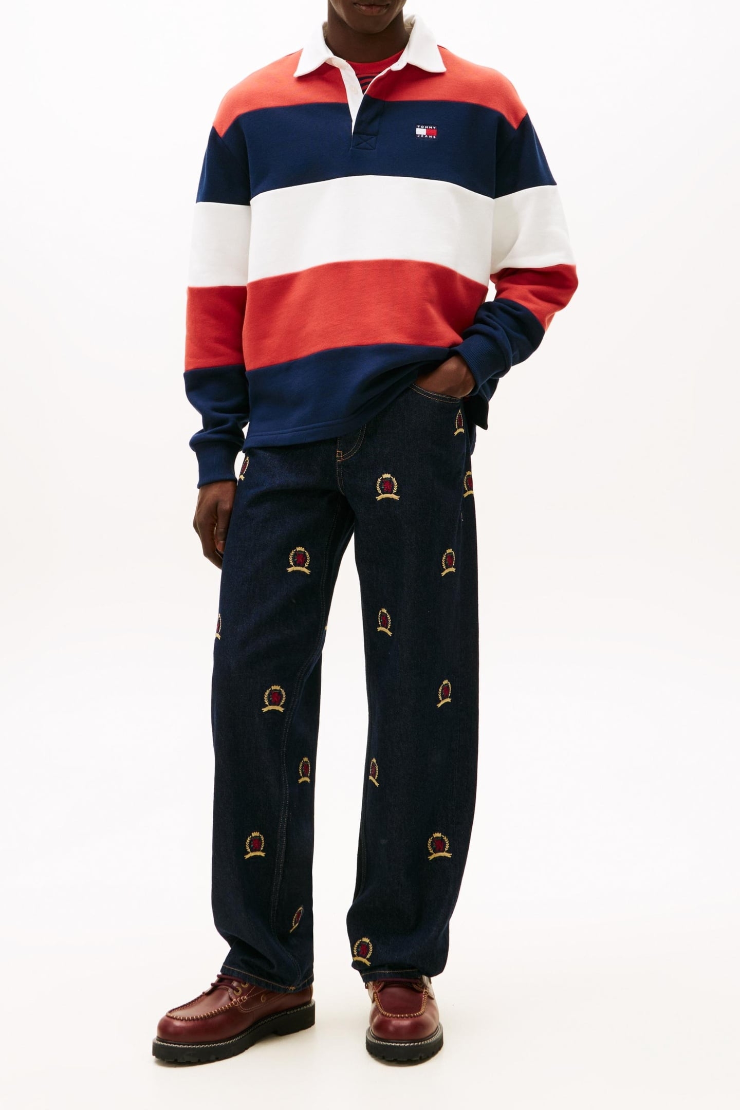 BADGE STRIPE RELAXED RUGBY SHIRT NAVY/RED/ECRU 1