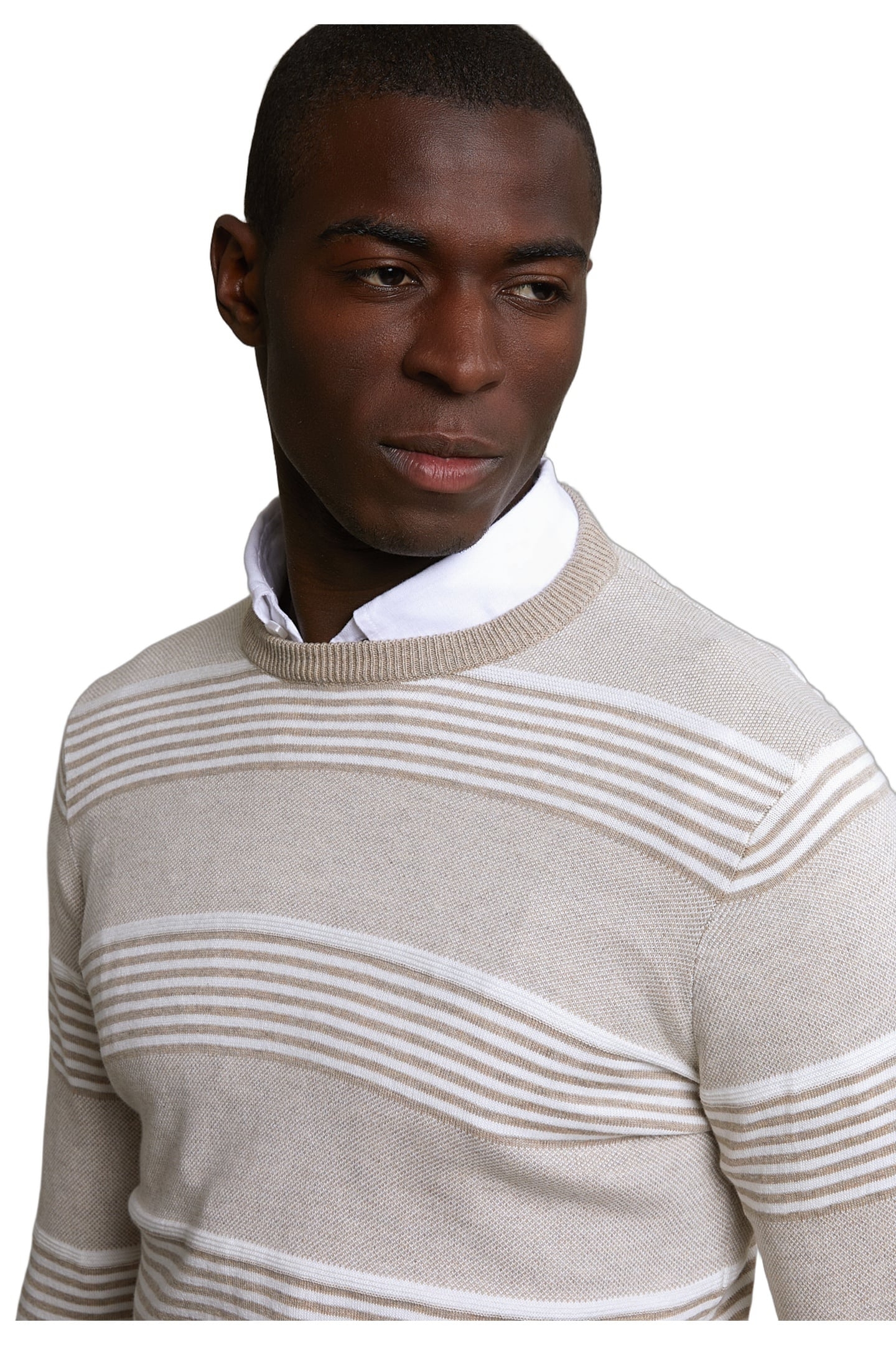 CUSTOM FIT COTTON STRIPED CREW NECK PULLOVER OLD WOOD MIX 2