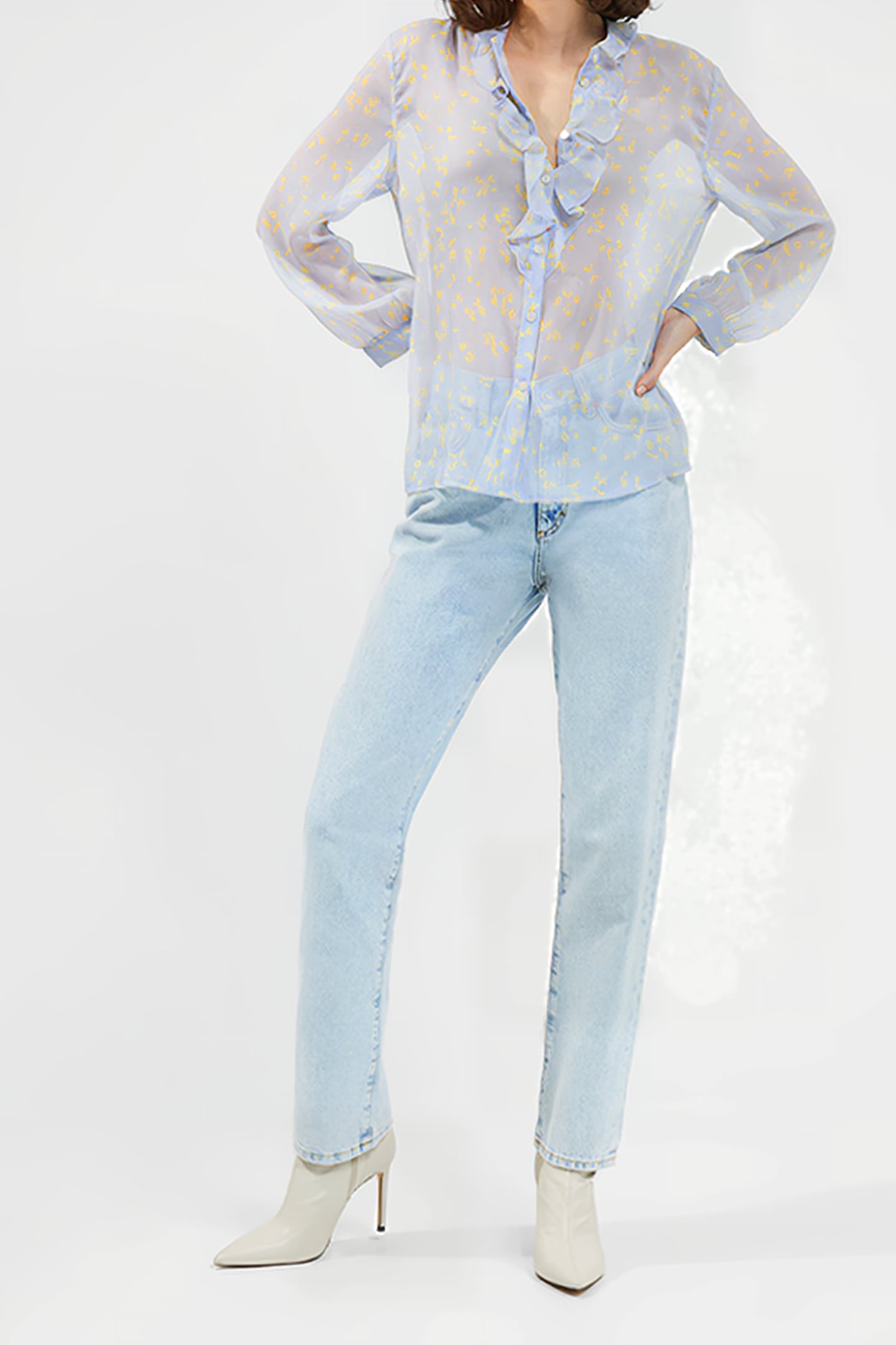 ESO BONITA RUFFLE FRONT LS SHIRT CLOUD BLUE/BUTTER YELLOW 1