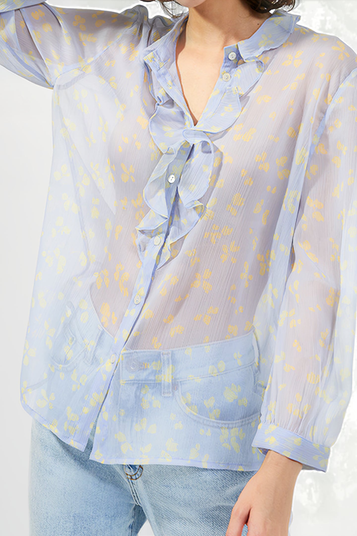 ESO BONITA RUFFLE FRONT LS SHIRT CLOUD BLUE/BUTTER YELLOW 3
