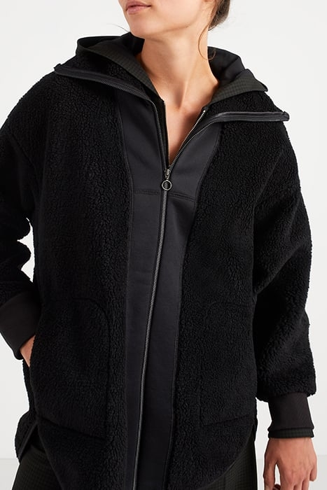 BLACK SHERPA JACKET WITH ZIP COLLAR AND HOOD 1