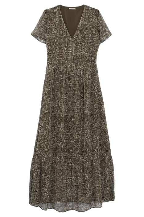 KHAKI DECORATIVE PRINT DOTTED SWISS LONG DRESS 3