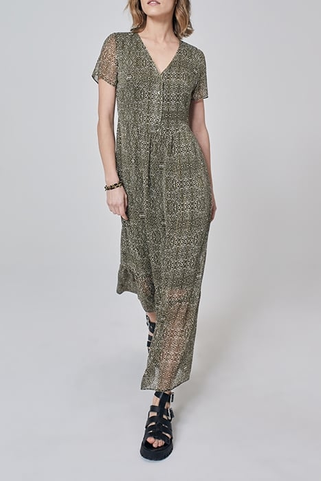 KHAKI DECORATIVE PRINT DOTTED SWISS LONG DRESS 1