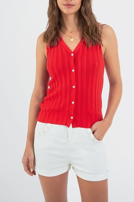 CHERRY RIBBED KNIT SLEEVELESS CARDIGAN 1