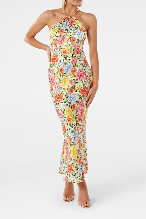 ESPERANCE SATIN HALTER MIDI BRIGHT HARDWICK FLORAL 1