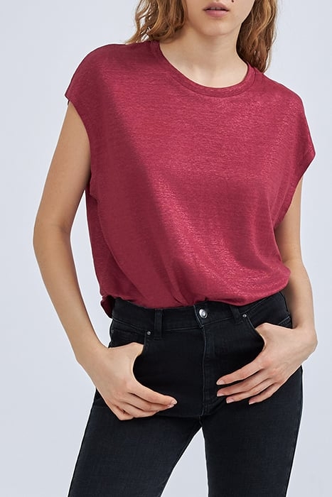 BURGUNDY IRIDESCENT EMBROIDERED LINEN KNIT T-SHIRT CAMELIA 1