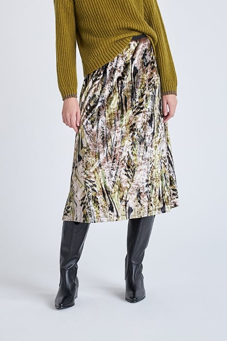 BEIGE ABSTRACT PRINT VELVET MIDI SKIRT TITANE 1