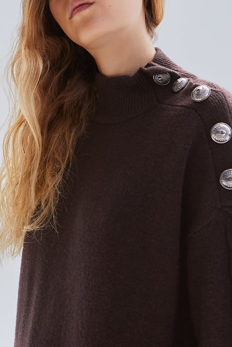 CHOCOLATE KNIT DRESS, ENGRAVED BUTTONS ON SHOULDER CHOCOLATE 6