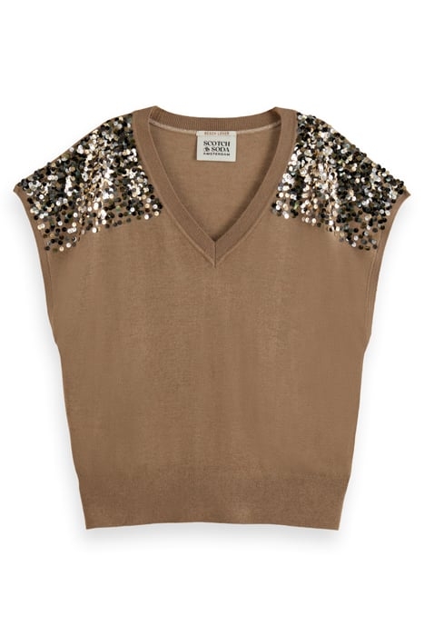 EMBELLISHED SHOULDER V NECK PULLOVER LIGHT ARMY MELANGE 1